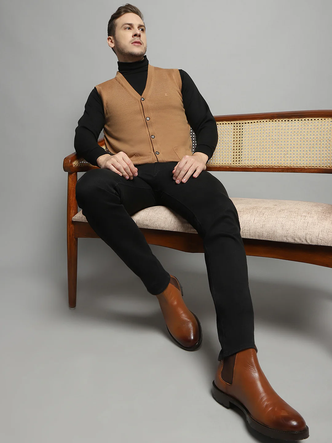 Luxuria Men Beige Solid V Neck Sleeveless Cardigan - Image 6