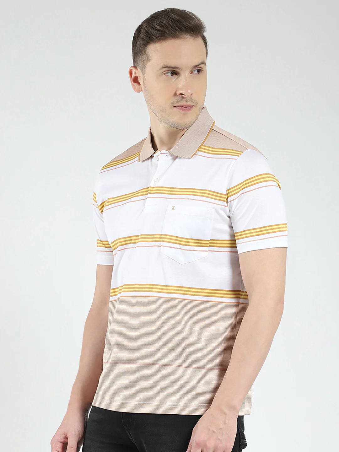 Luxuria Men Beige Stripe Collar Half Sleeve T-Shirt - Image 3