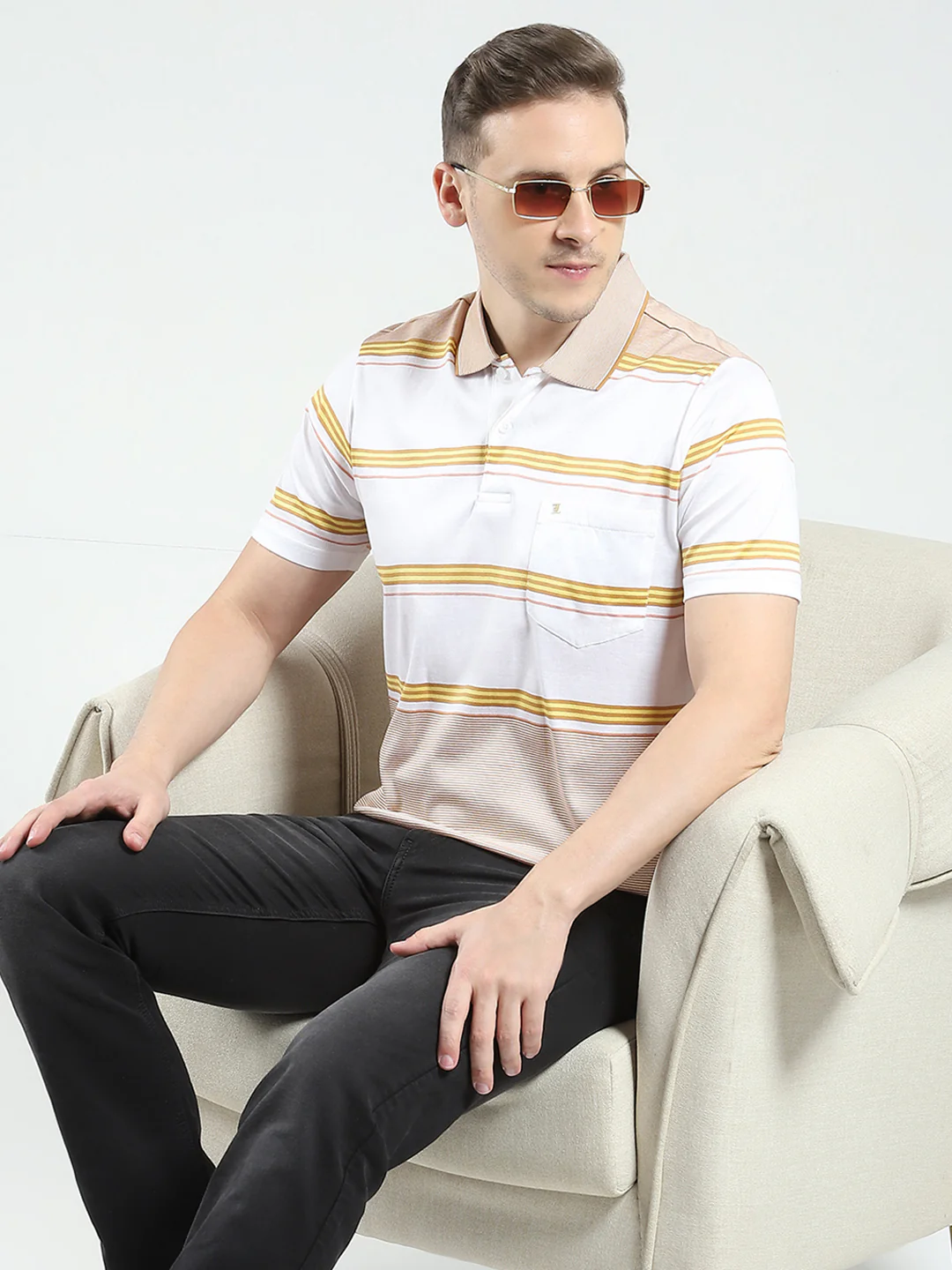 Luxuria Men Beige Stripe Collar Half Sleeve T-Shirt - Image 6