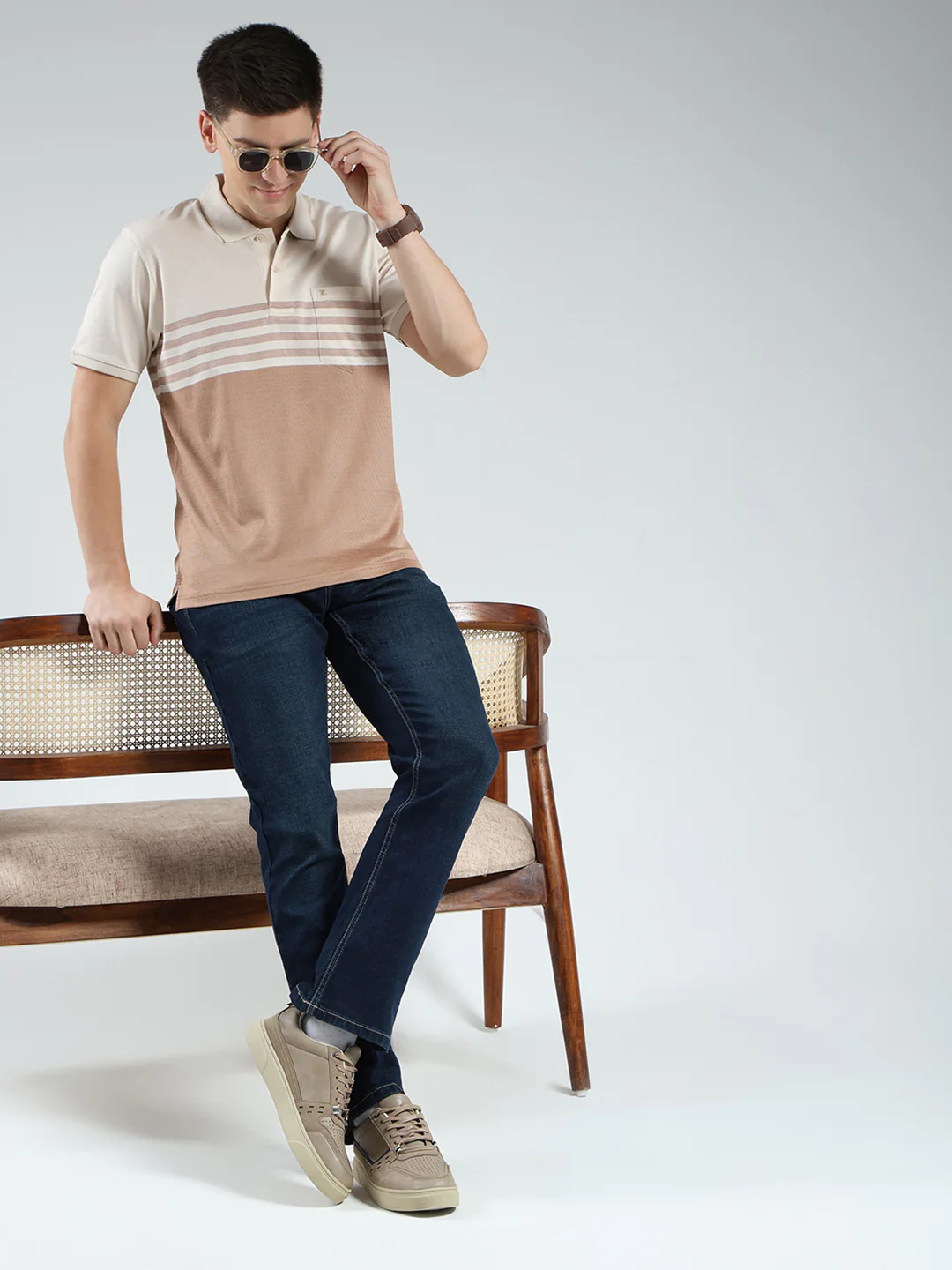 Luxuria Men Beige Stripe Collar Half Sleeve T-Shirt - Image 2