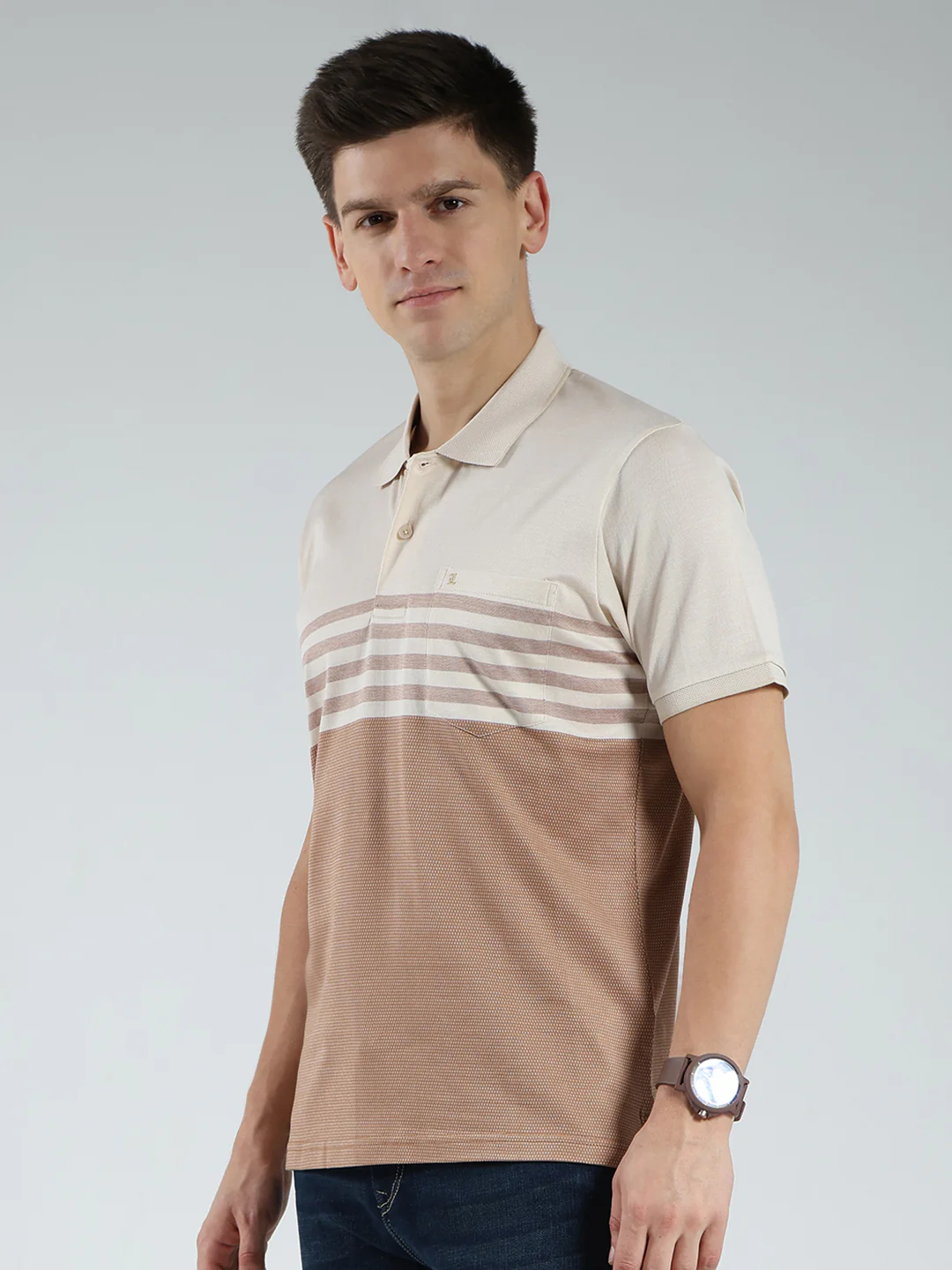 Luxuria Men Beige Stripe Collar Half Sleeve T-Shirt - Image 3