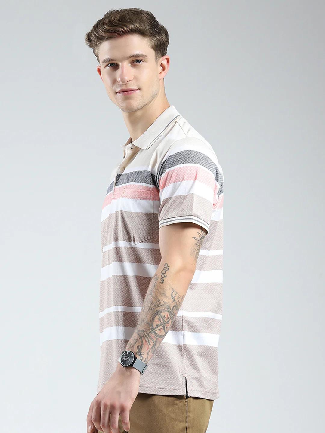 Luxuria Men Beige Stripe Collar Half Sleeve T-Shirt - Image 3