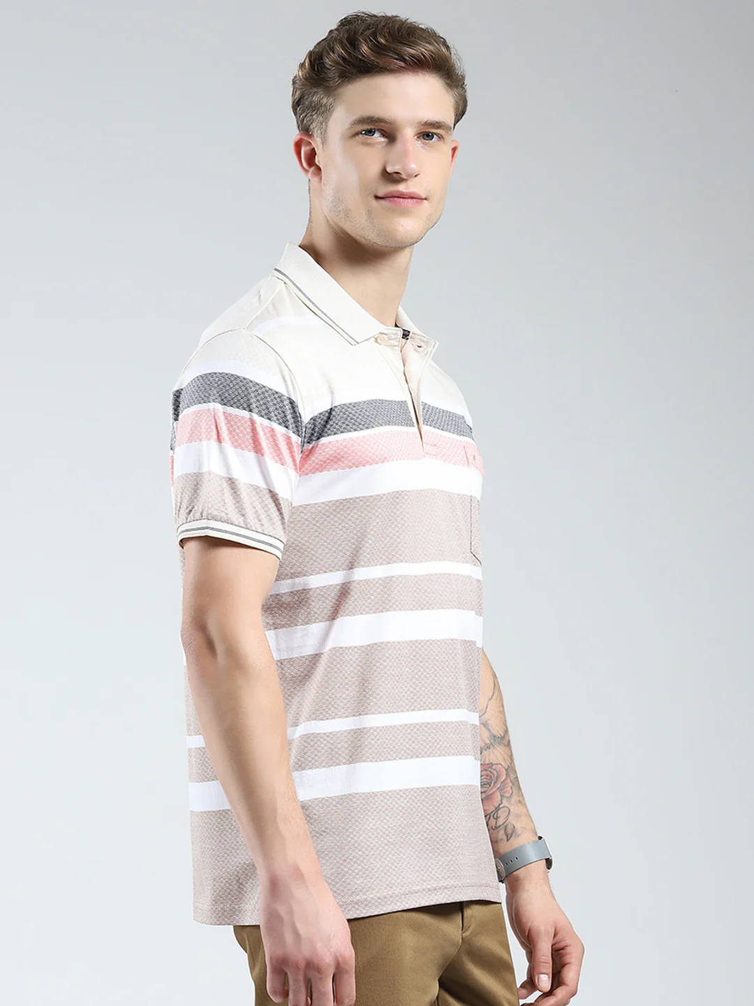 Luxuria Men Beige Stripe Collar Half Sleeve T-Shirt - Image 4