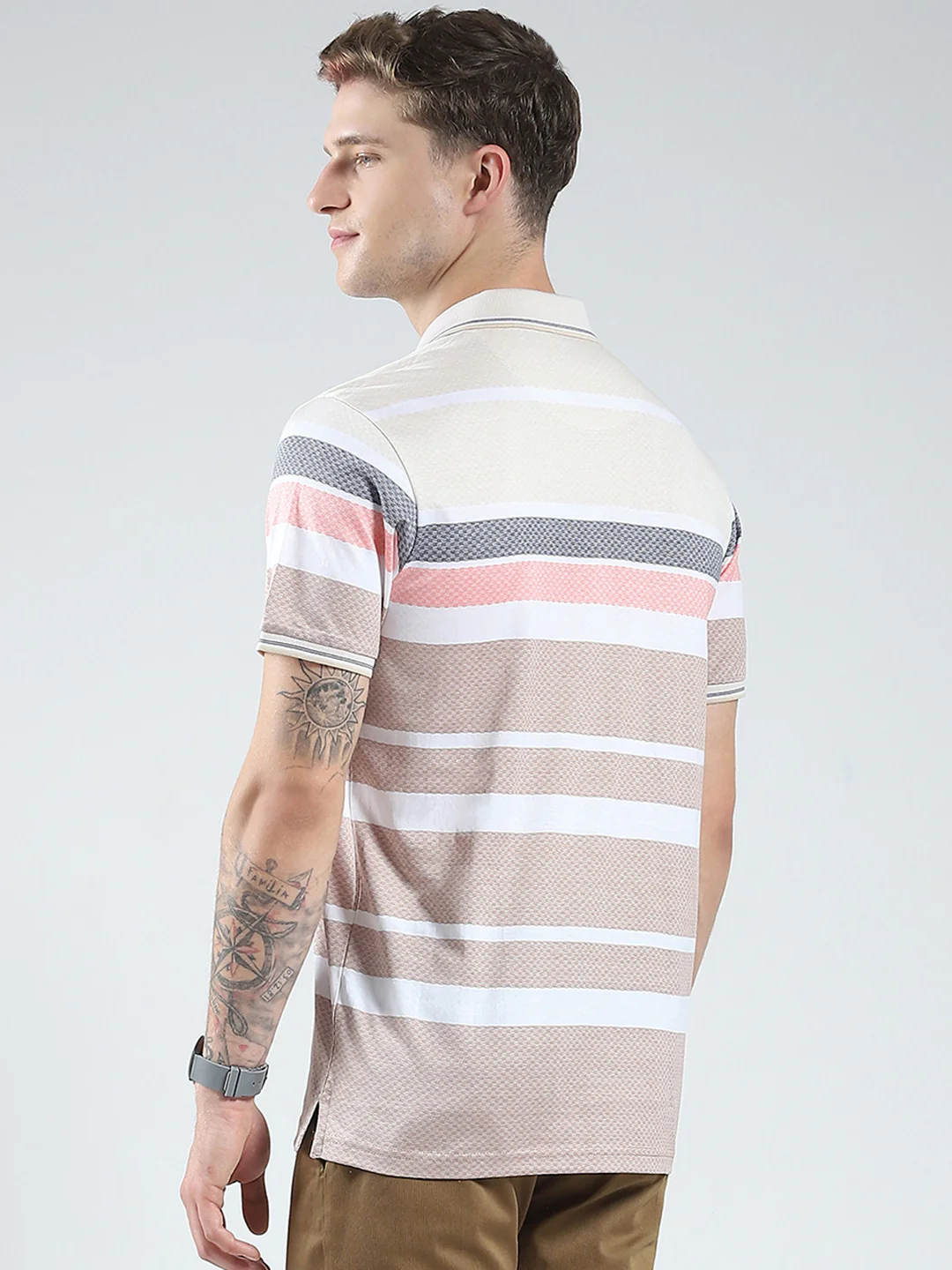 Luxuria Men Beige Stripe Collar Half Sleeve T-Shirt - Image 5