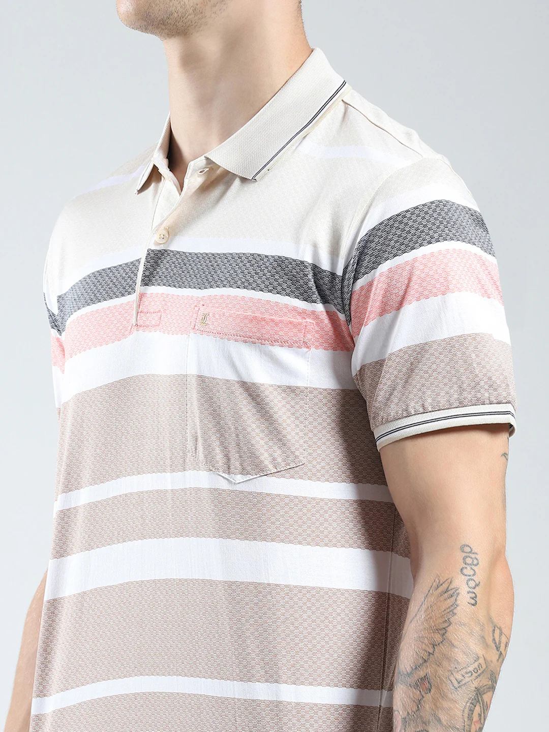 Luxuria Men Beige Stripe Collar Half Sleeve T-Shirt - Image 7