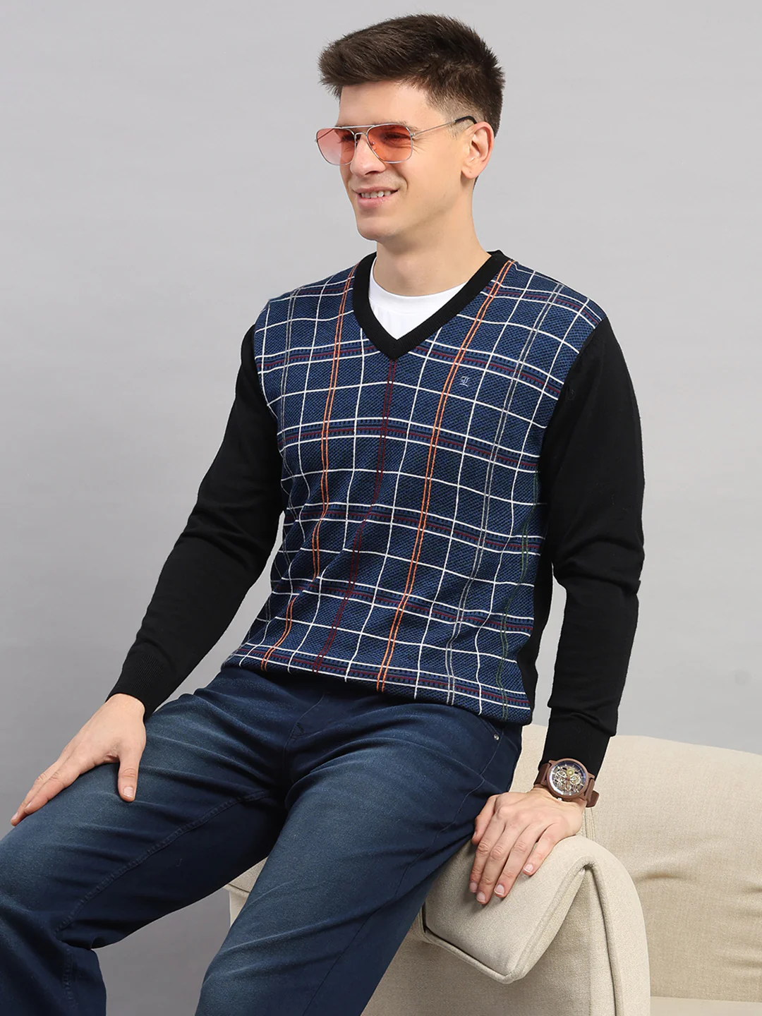 Luxuria Men Black Printed V Neck Full Sleeve Pullover - Image 2