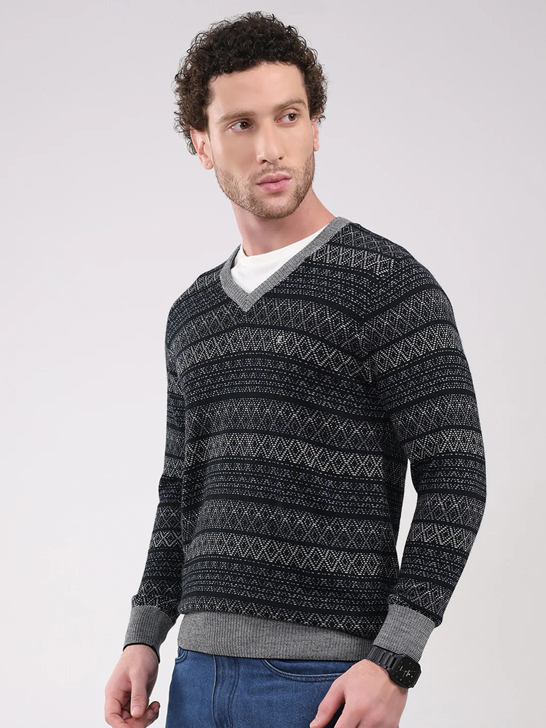 Luxuria Men Black Printed V Neck Full Sleeve Pullover - Image 3
