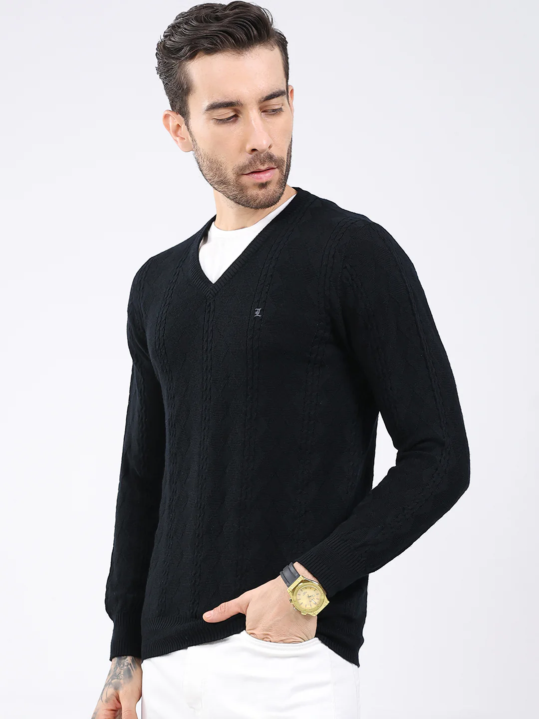 Luxuria Men Black Self Design V Neck Full Sleeve Pullover - Image 3