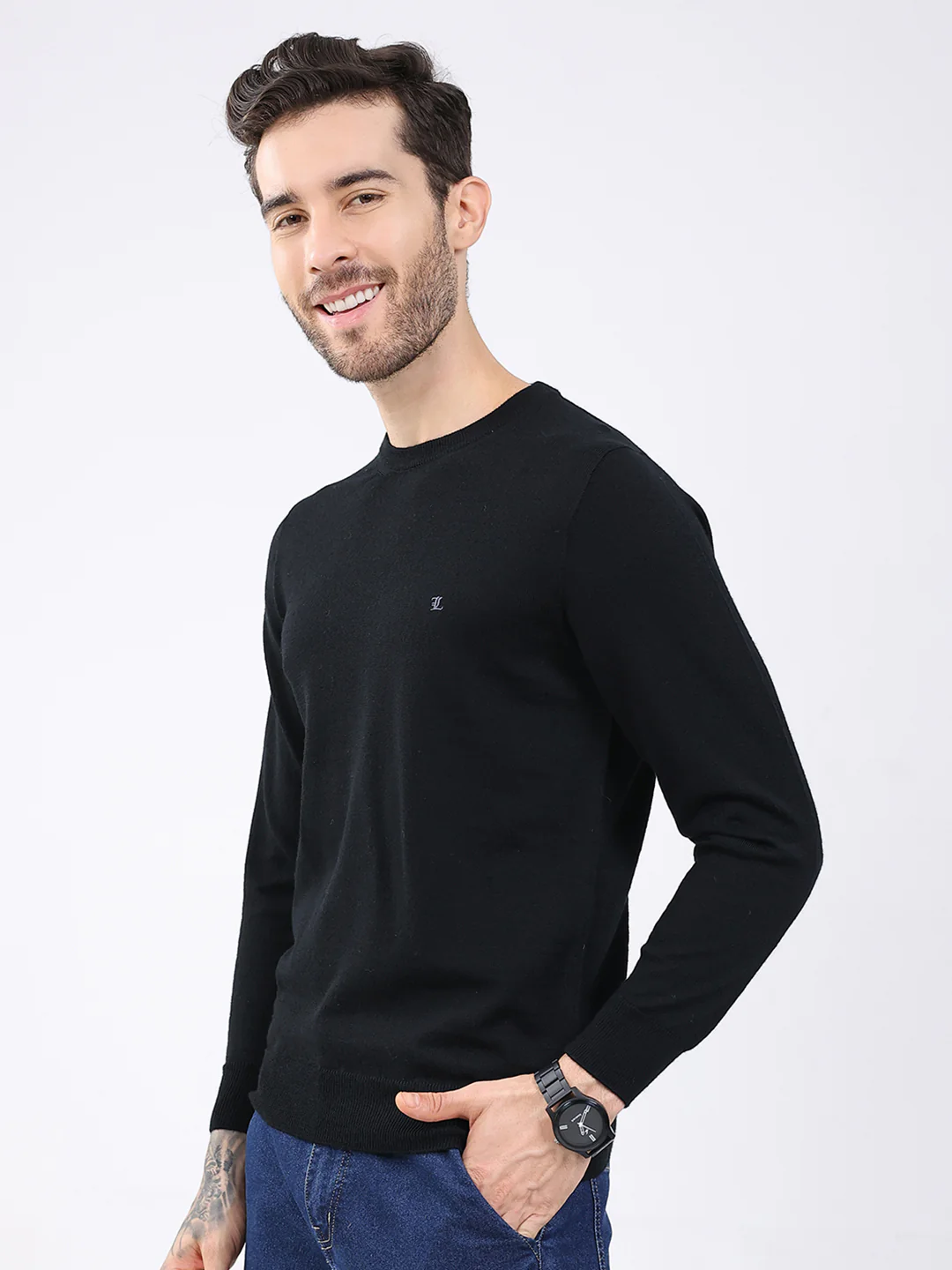 Luxuria Men Black Solid Round Neck Full Sleeve Pullover - Image 3
