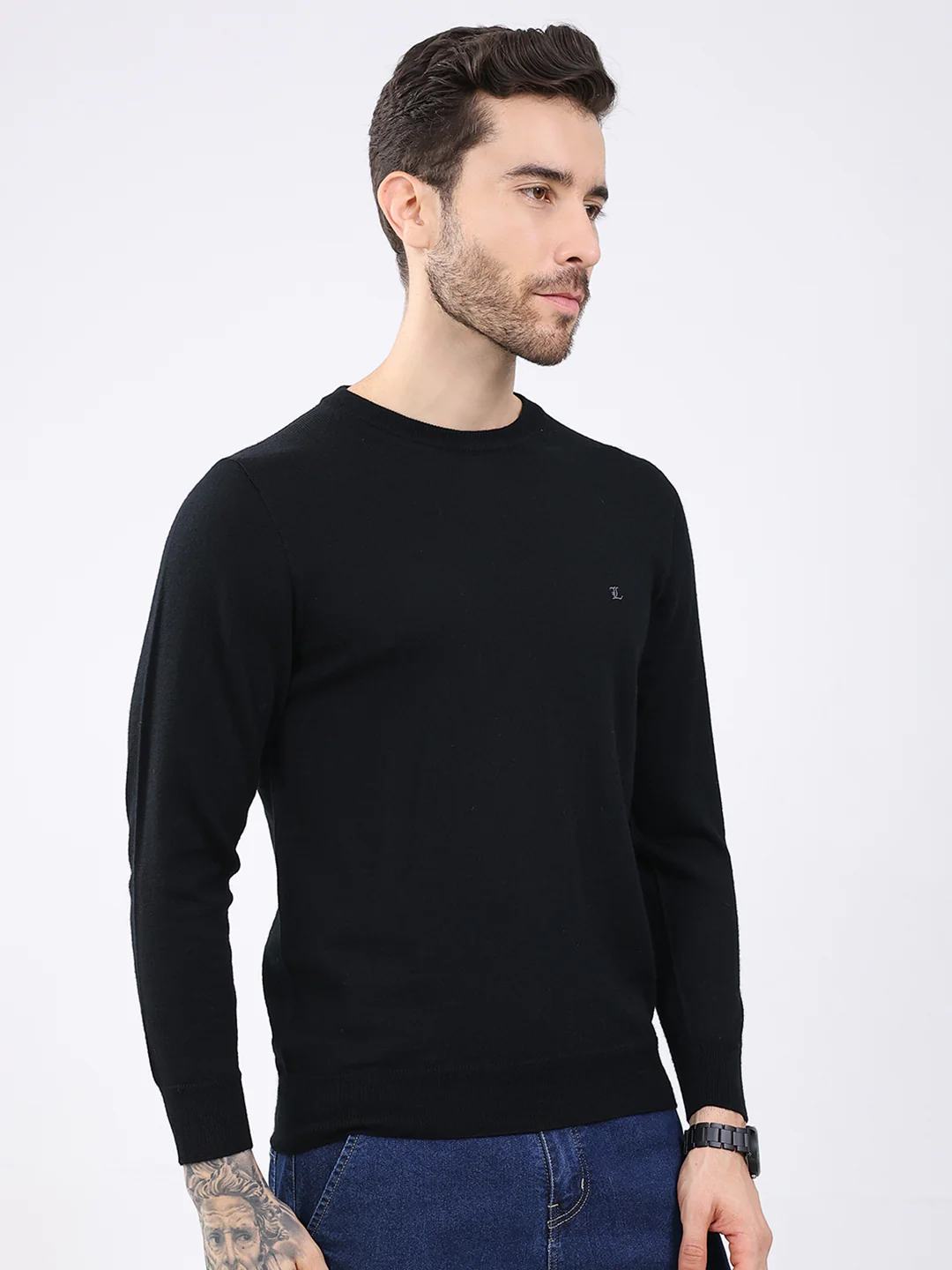 Luxuria Men Black Solid Round Neck Full Sleeve Pullover - Image 4