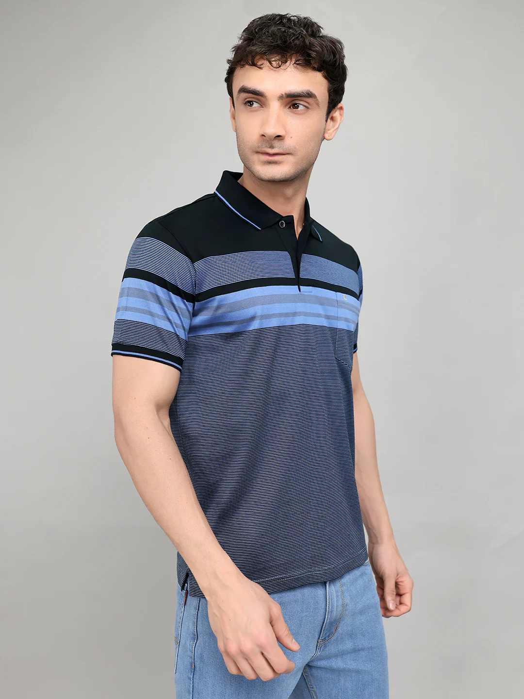 Luxuria Men Black Stripe Collar Half Sleeve T-Shirt - Image 3