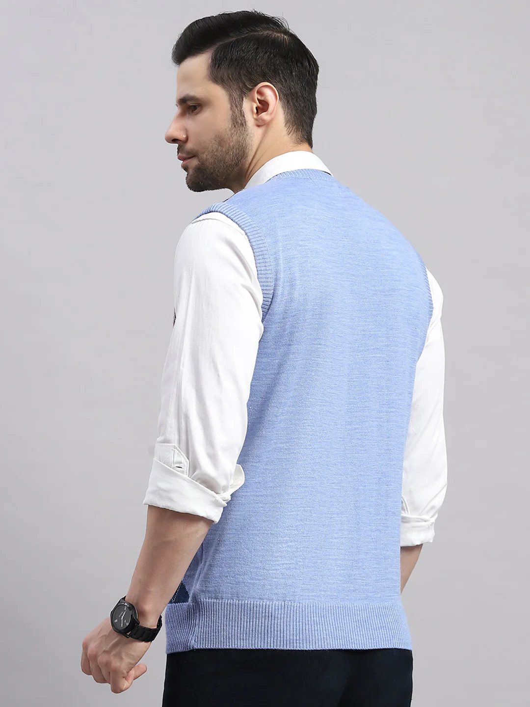 Luxuria Men Blue Printed V Neck Sleeveless Sweater - Image 5