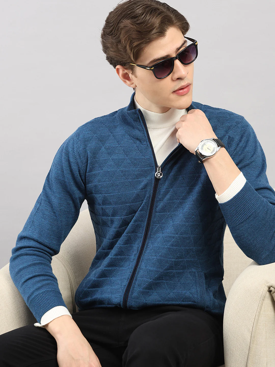 Luxuria Men Blue Self Design Round Neck Full Sleeve Pullover - Image 6