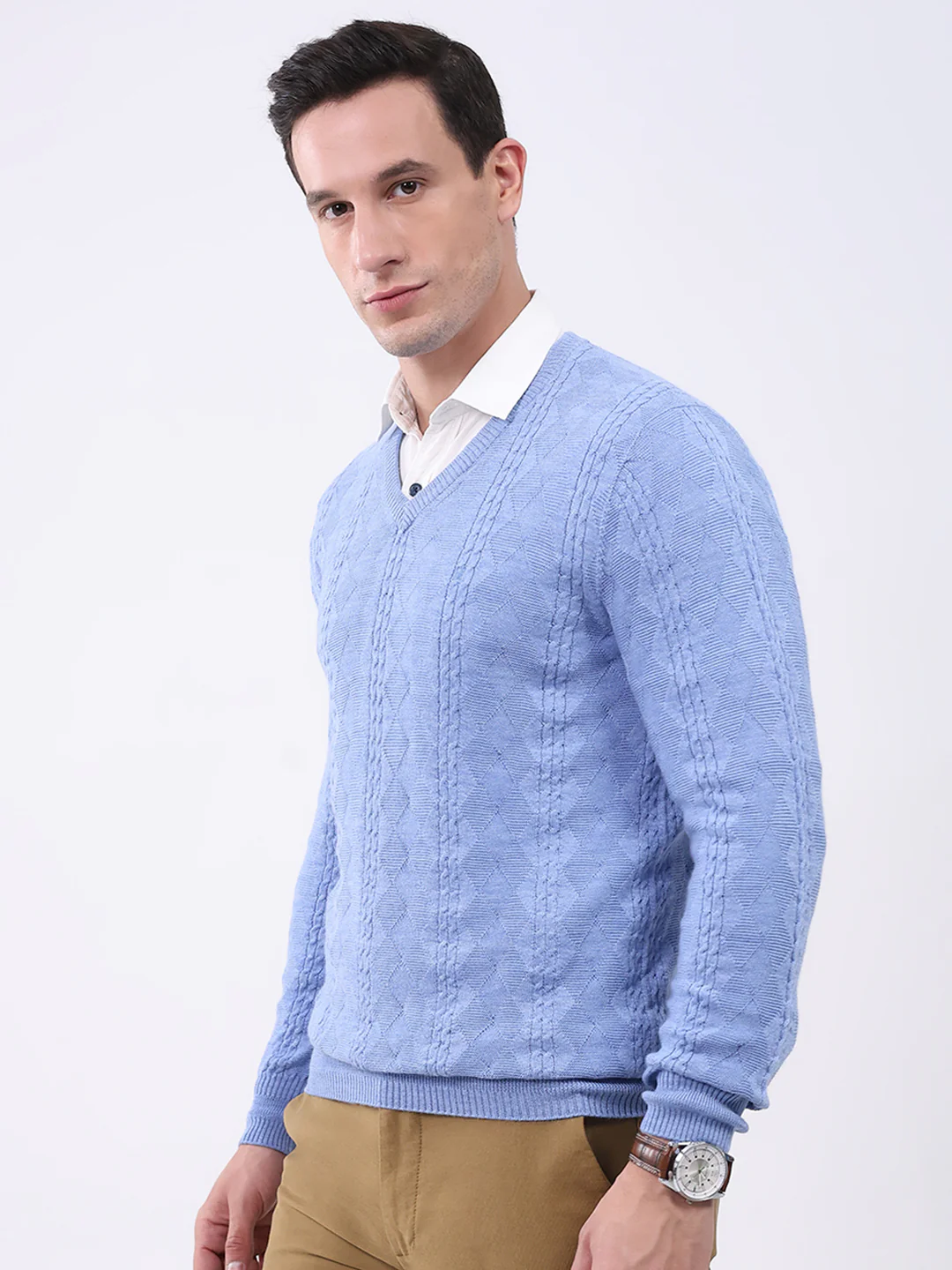 Luxuria Men Blue Self Design V Neck Full Sleeve Pullover - Image 3