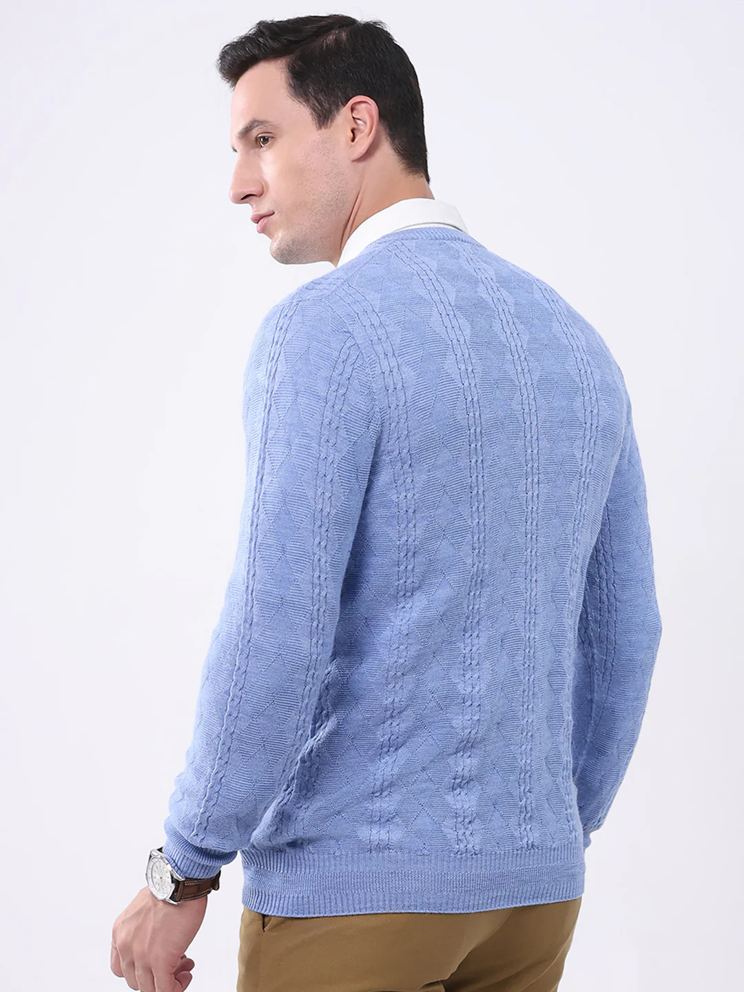 Luxuria Men Blue Self Design V Neck Full Sleeve Pullover - Image 5