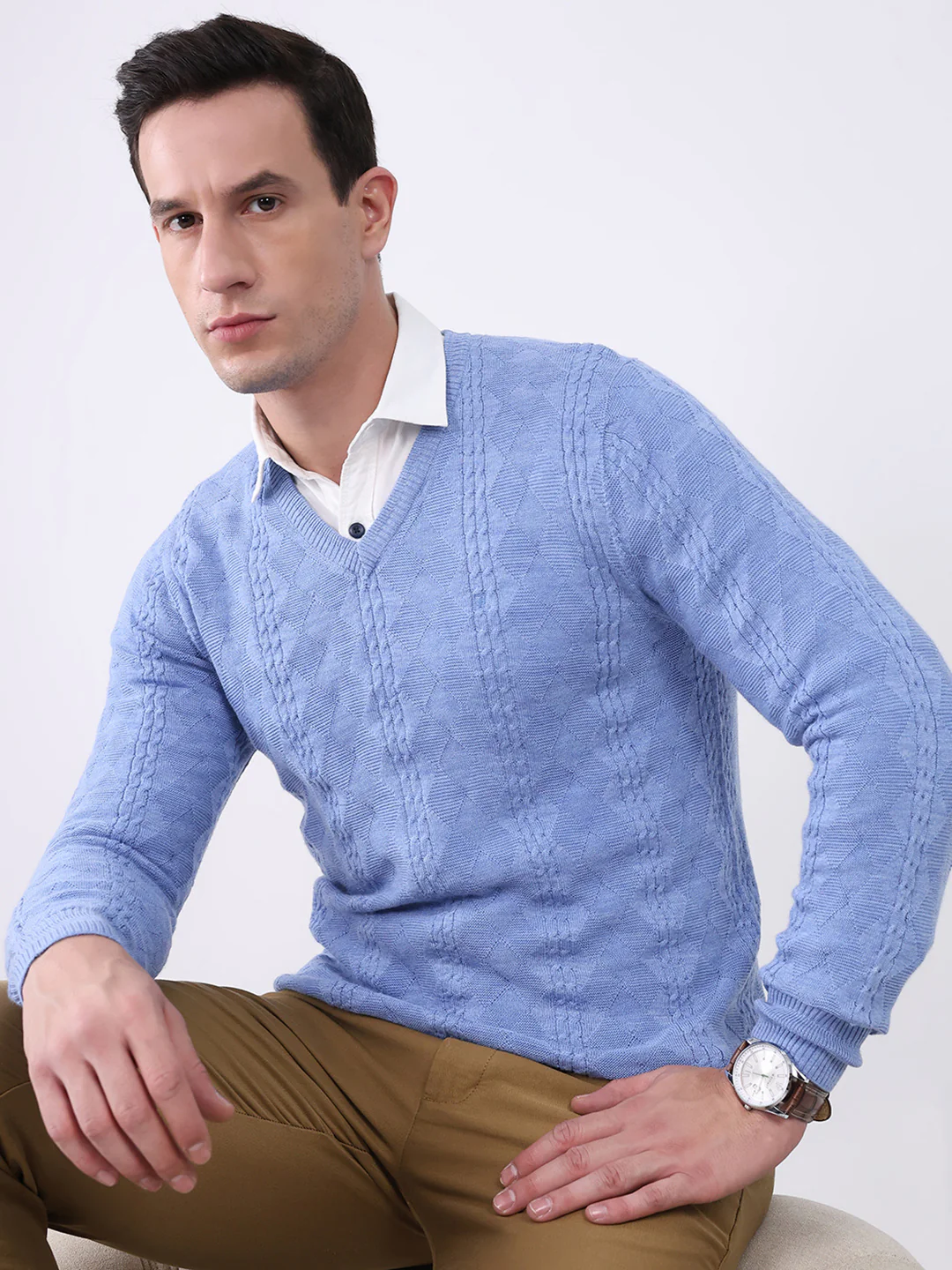 Luxuria Men Blue Self Design V Neck Full Sleeve Pullover - Image 6