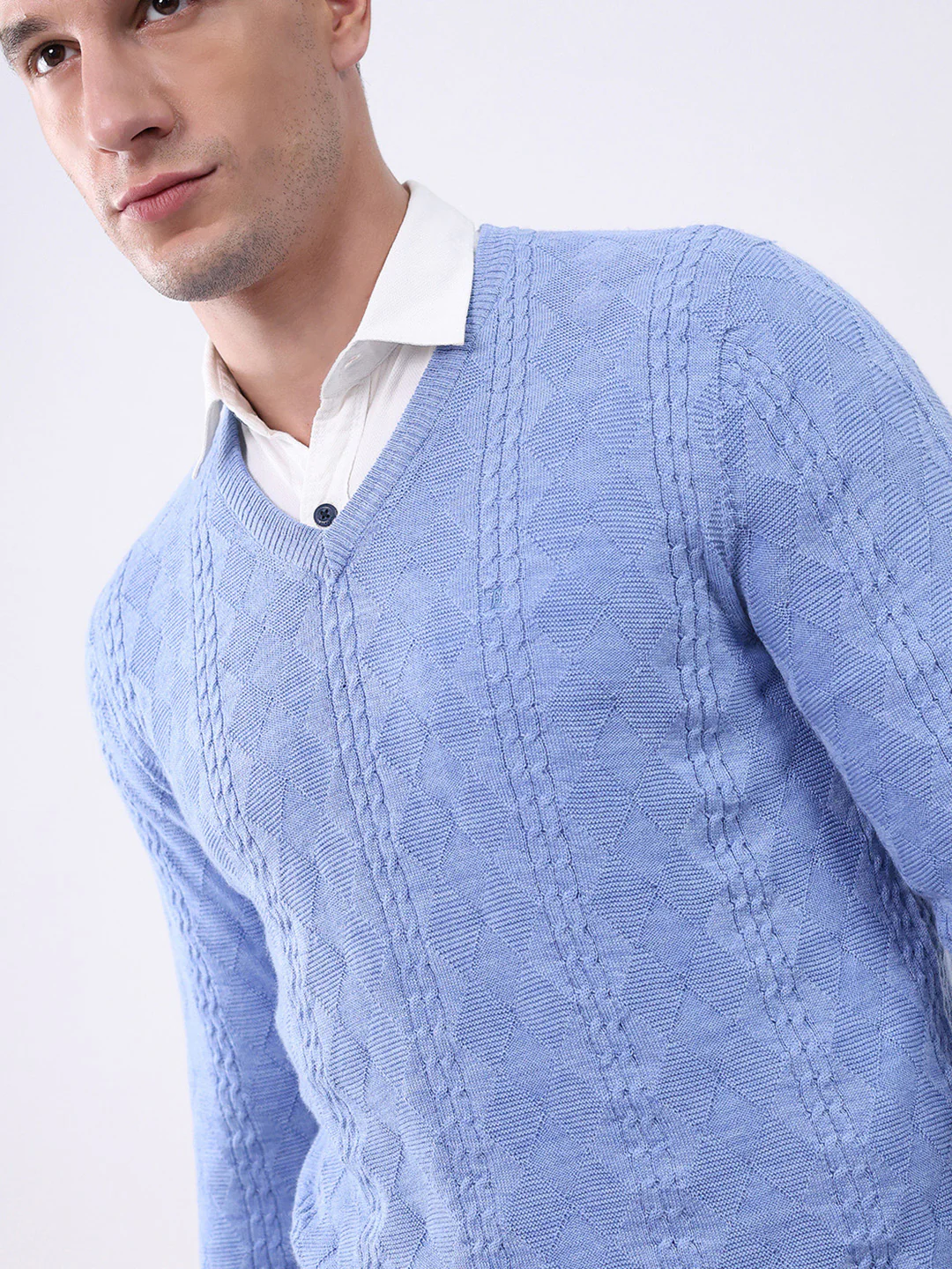 Luxuria Men Blue Self Design V Neck Full Sleeve Pullover - Image 7