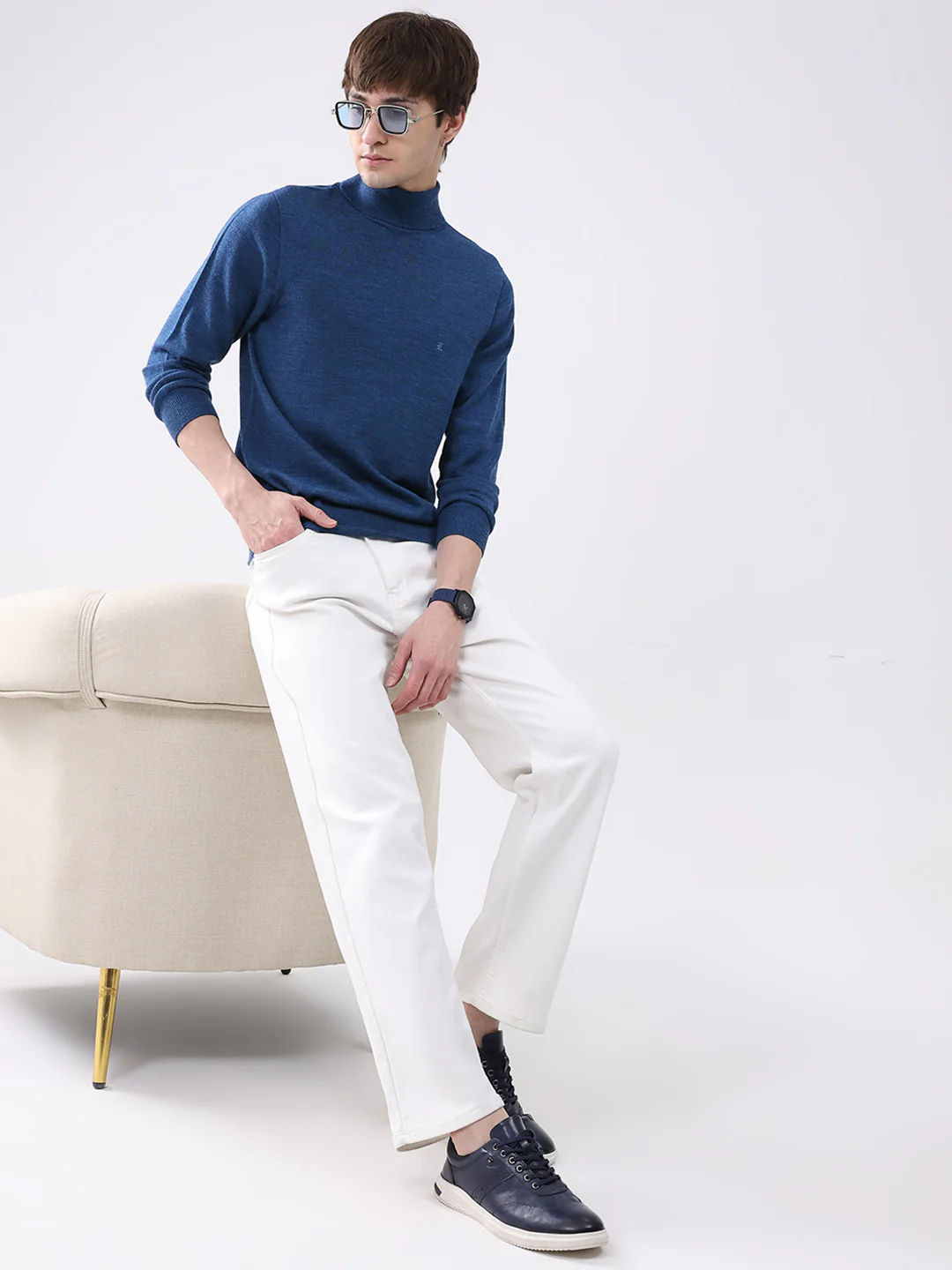 Luxuria Men Blue Solid High Neck Full Sleeve Pullover - Image 2