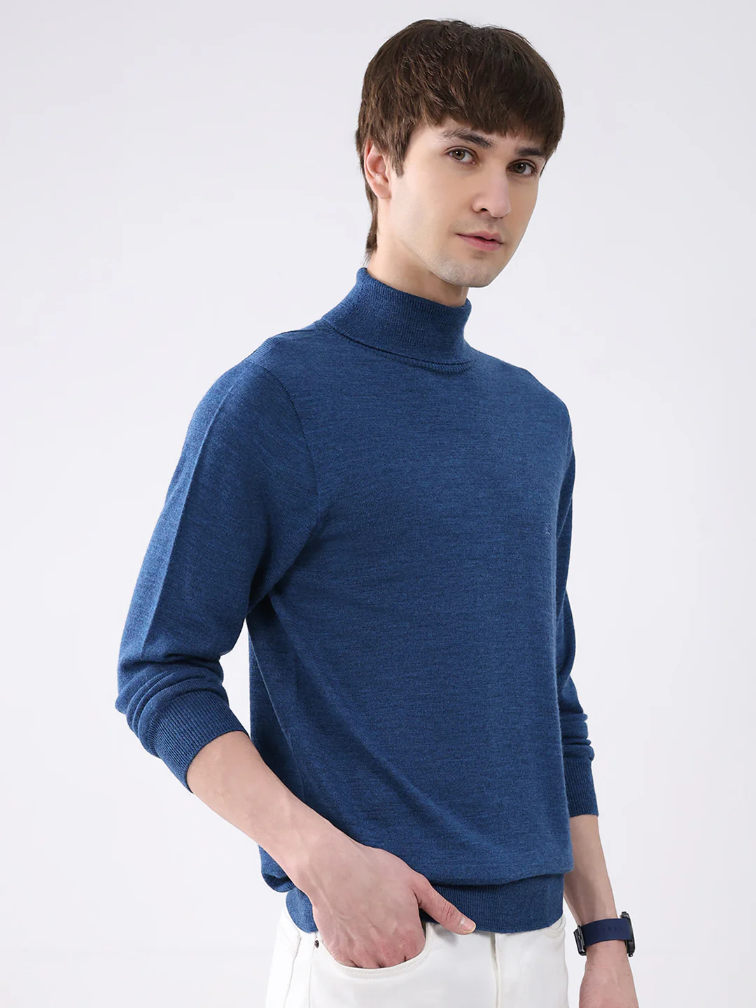 Luxuria Men Blue Solid High Neck Full Sleeve Pullover - Image 4
