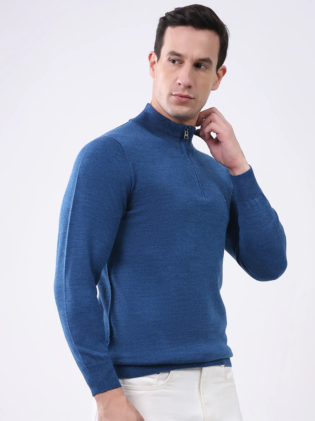 Luxuria Men Blue Solid Mock Neck Full Sleeve Pullover - Image 4