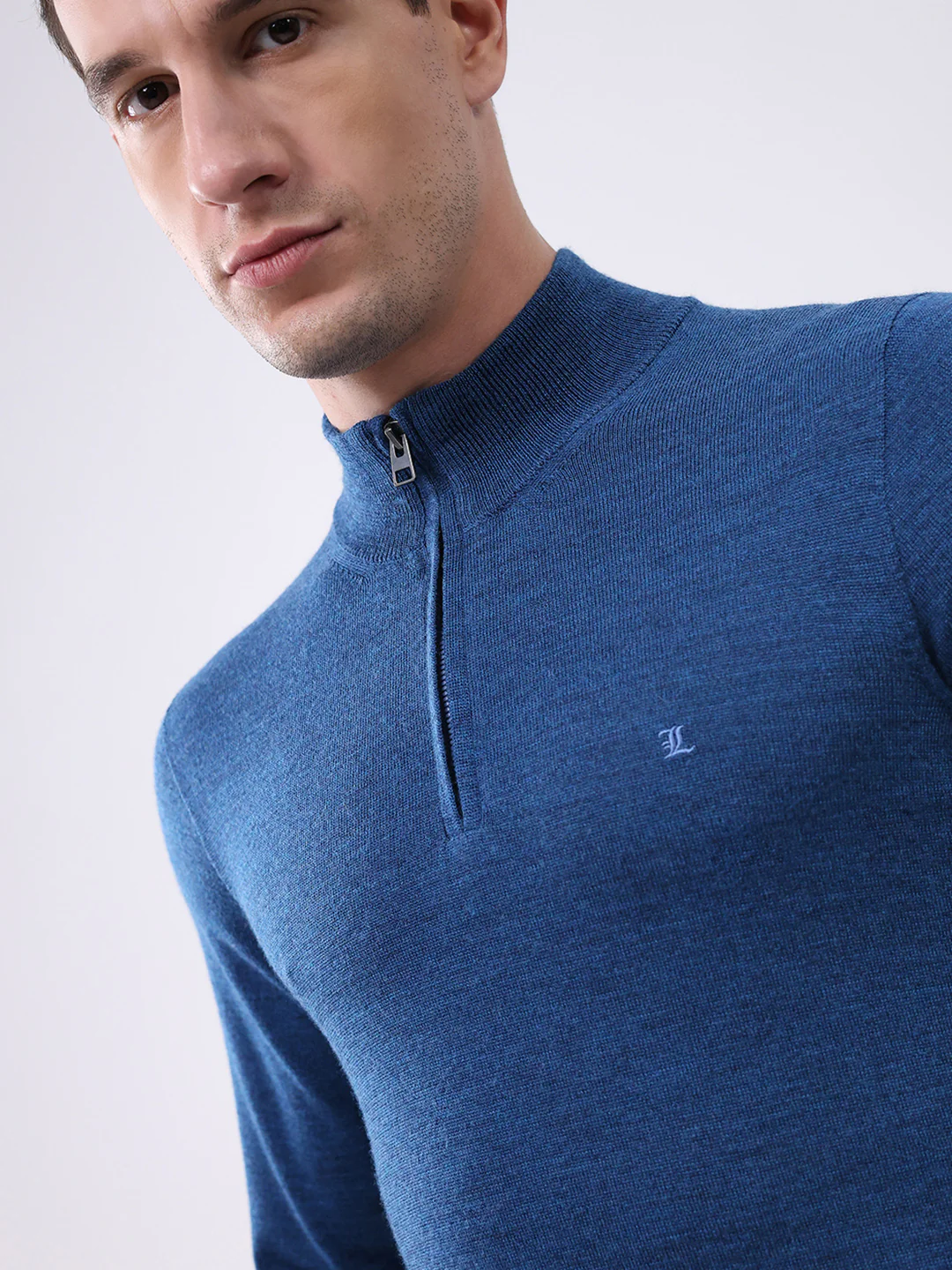 Luxuria Men Blue Solid Mock Neck Full Sleeve Pullover - Image 6