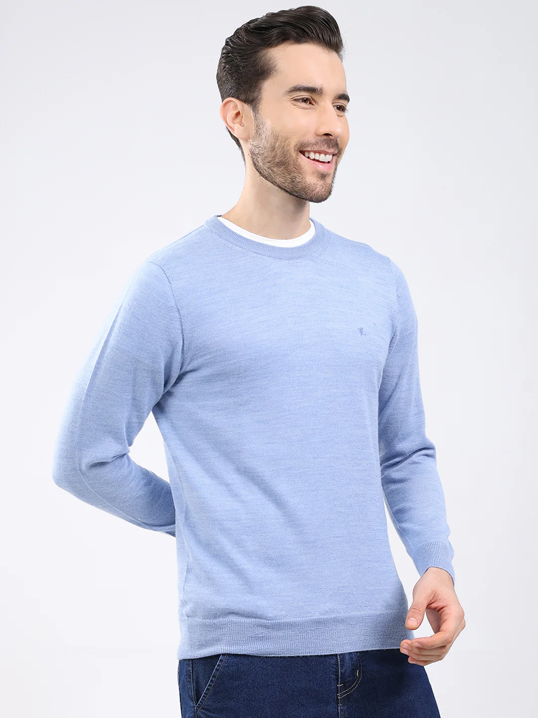 Luxuria Men Blue Solid Round Neck Full Sleeve Pullover - Image 4