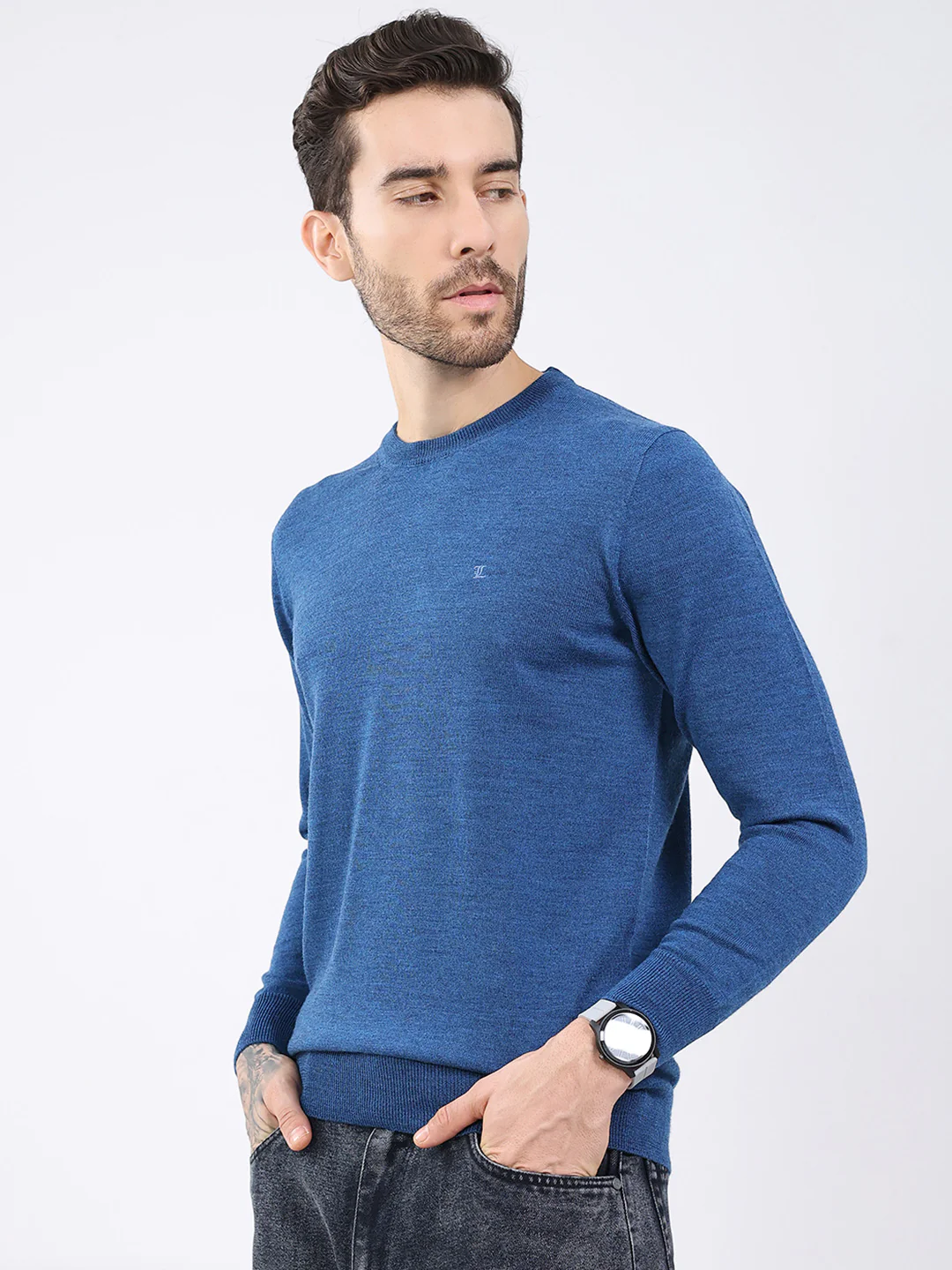Luxuria Men Blue Solid Round Neck Full Sleeve Pullover - Image 3