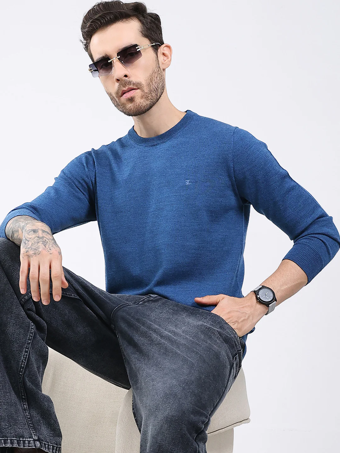 Luxuria Men Blue Solid Round Neck Full Sleeve Pullover - Image 6