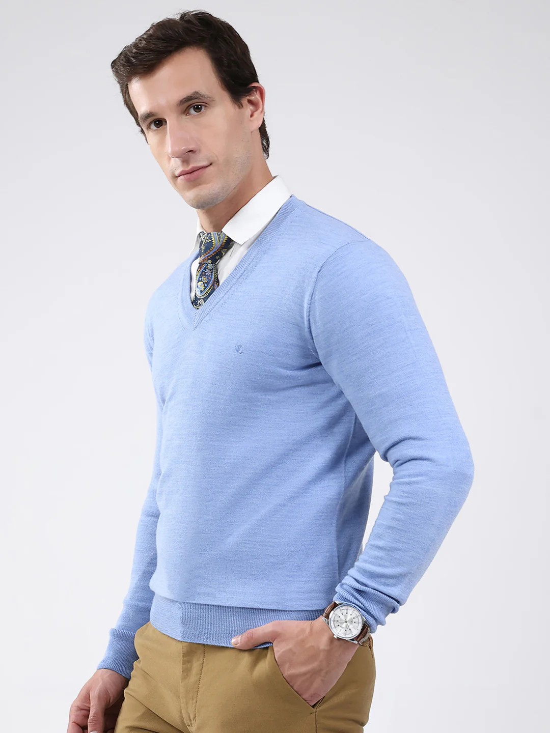 Luxuria Men Blue Solid V Neck Full Sleeve Pullover - Image 3