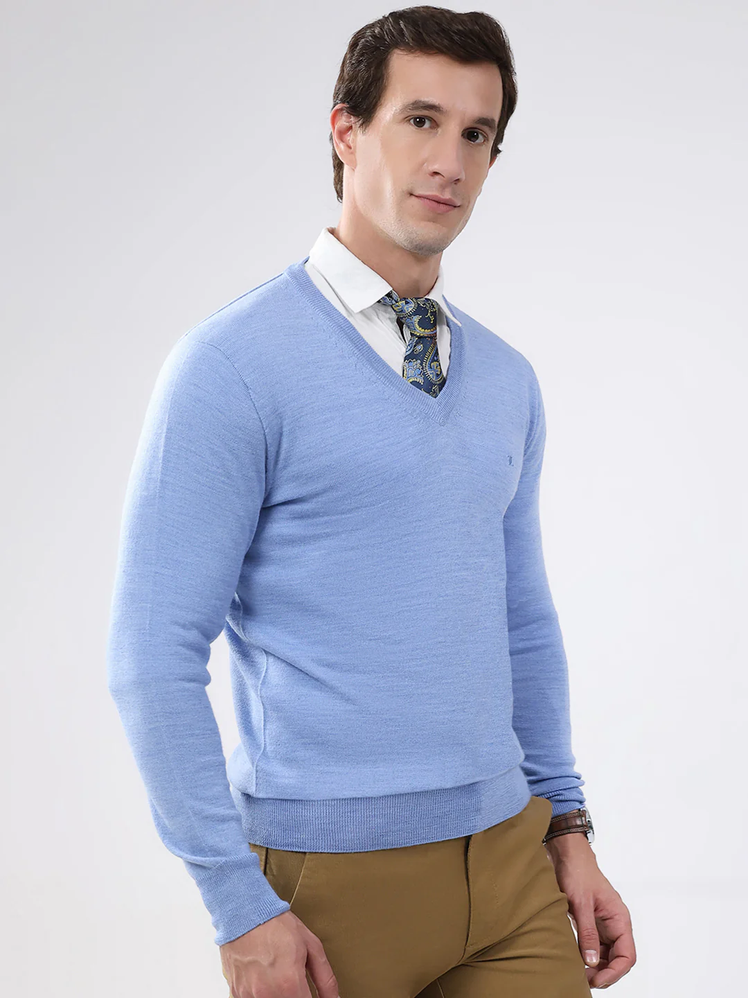 Luxuria Men Blue Solid V Neck Full Sleeve Pullover - Image 4