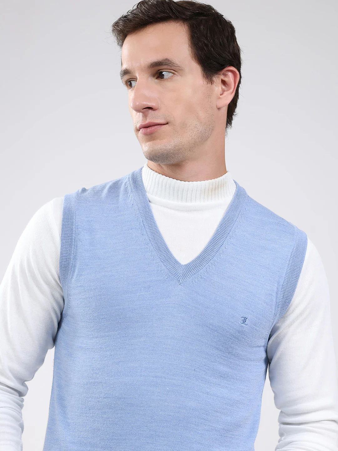Luxuria Men Blue Solid V Neck Sleeveless Sweater - Image 6