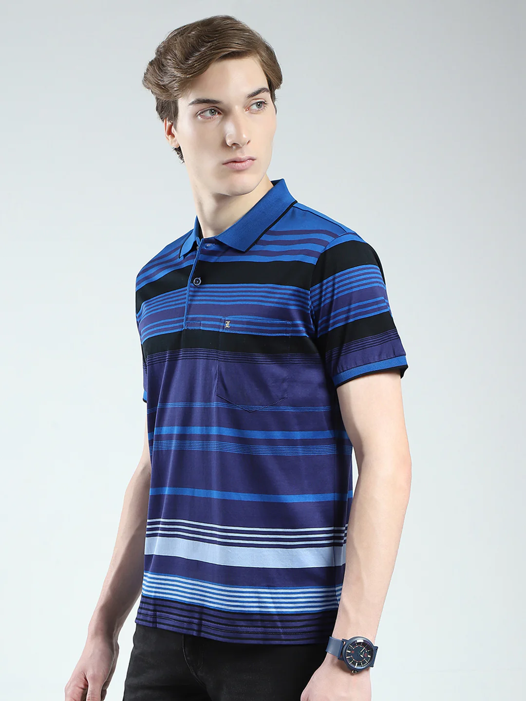 Luxuria Men Blue Stripe Collar Half Sleeve T-Shirt - Image 3
