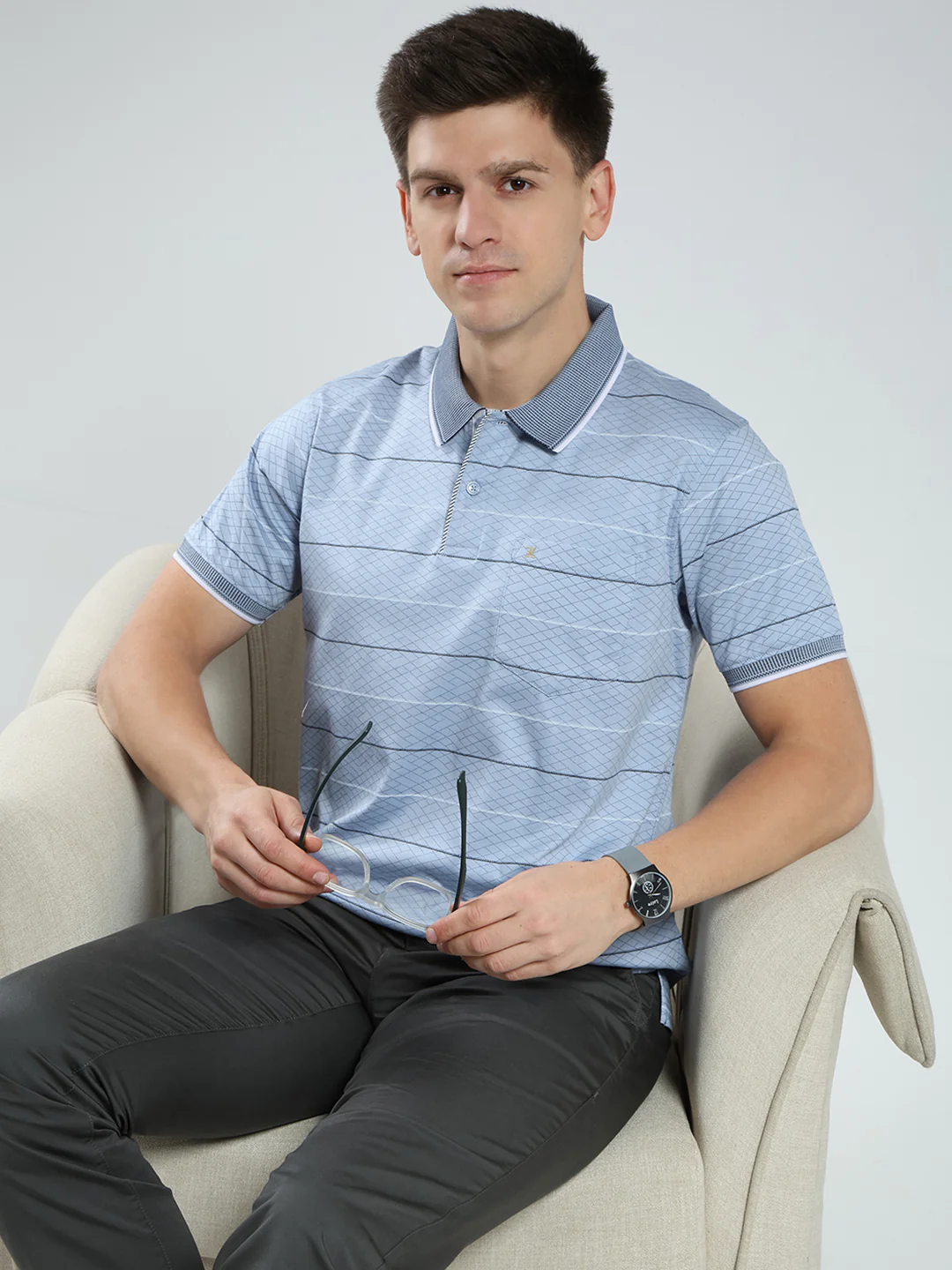 Luxuria Men Blue Stripe Collar Half Sleeve T-Shirt - Image 6