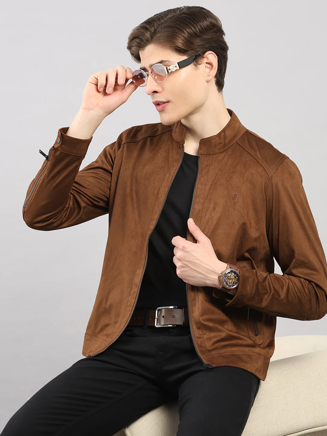 Luxuria Men Brown Solid Stand Collar Full Sleeve Jacket - Image 6