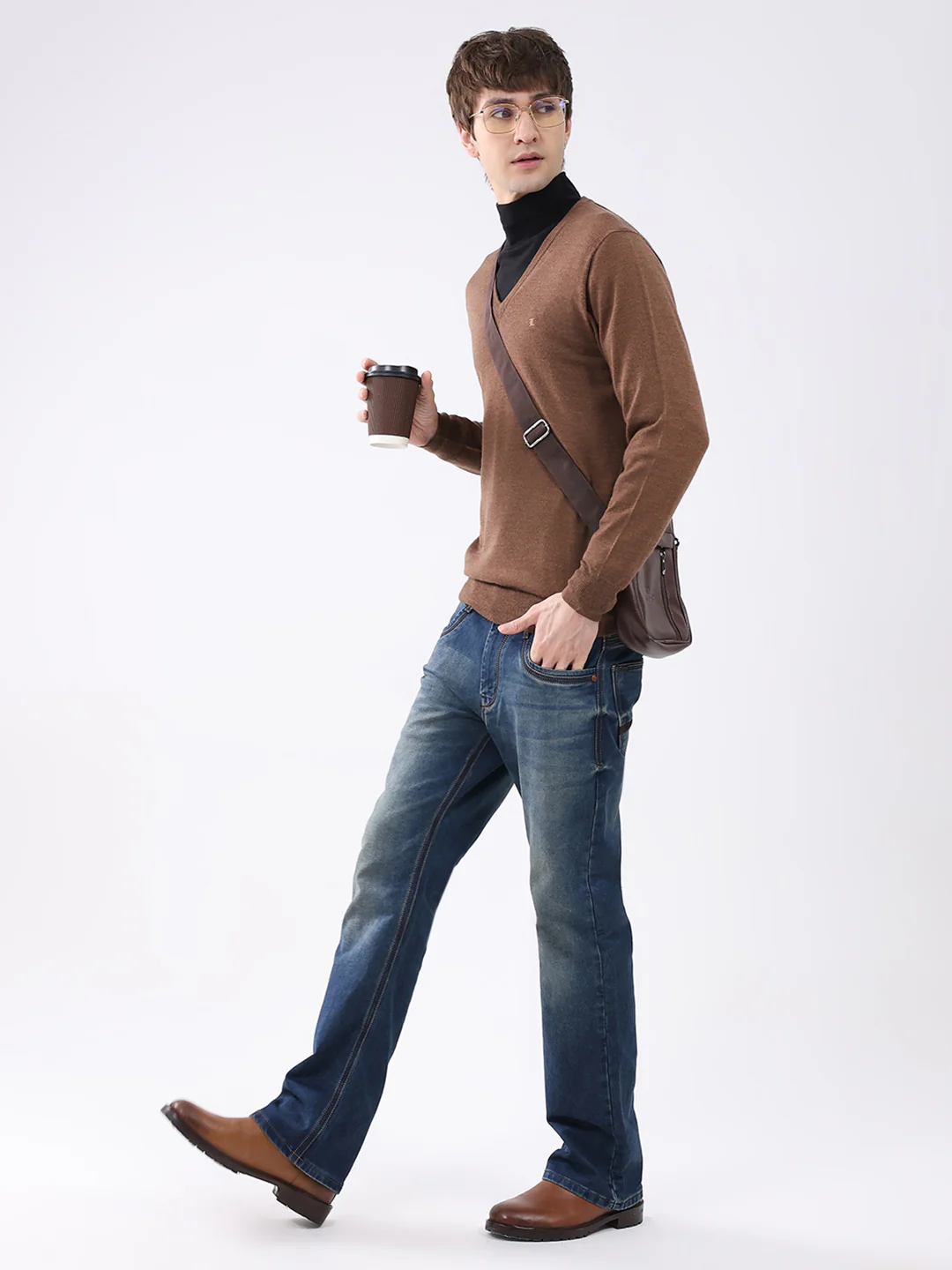 Luxuria Men Brown Solid V Neck Full Sleeve Pullover - Image 2