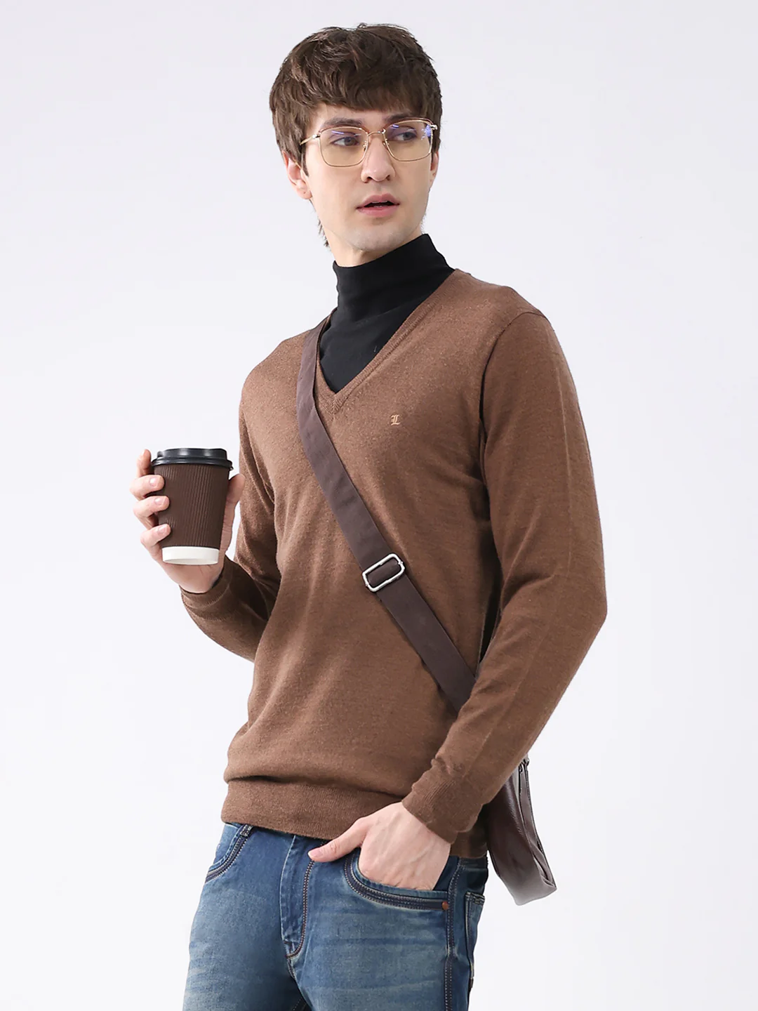 Luxuria Men Brown Solid V Neck Full Sleeve Pullover - Image 6