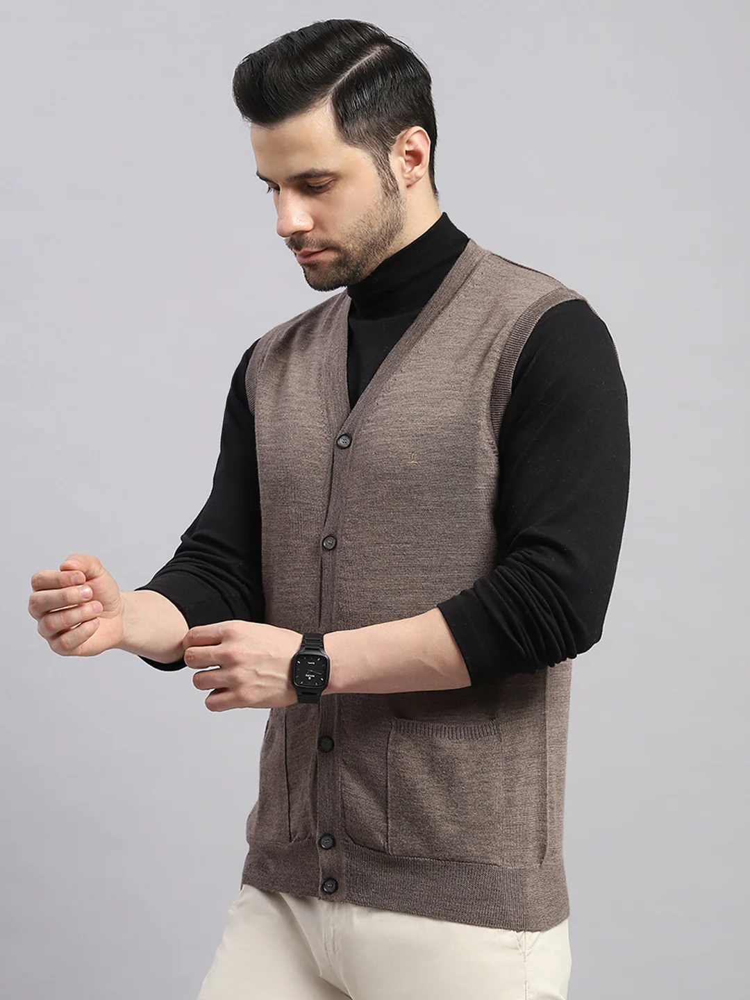 Luxuria Men Brown Solid V Neck Sleeveless Cardigan - Image 3