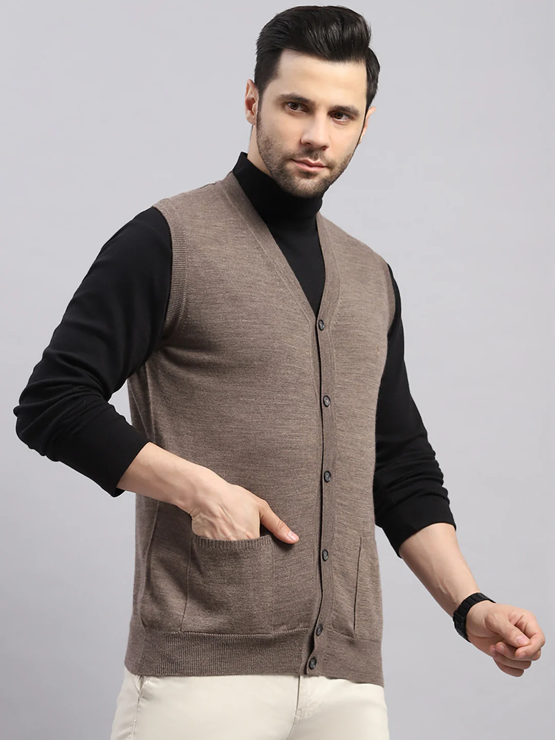 Luxuria Men Brown Solid V Neck Sleeveless Cardigan - Image 4