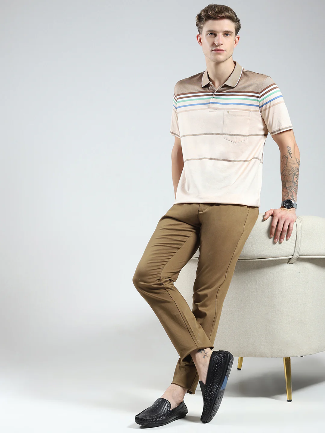 Luxuria Men Brown Stripe Collar Half Sleeve T-Shirt - Image 2