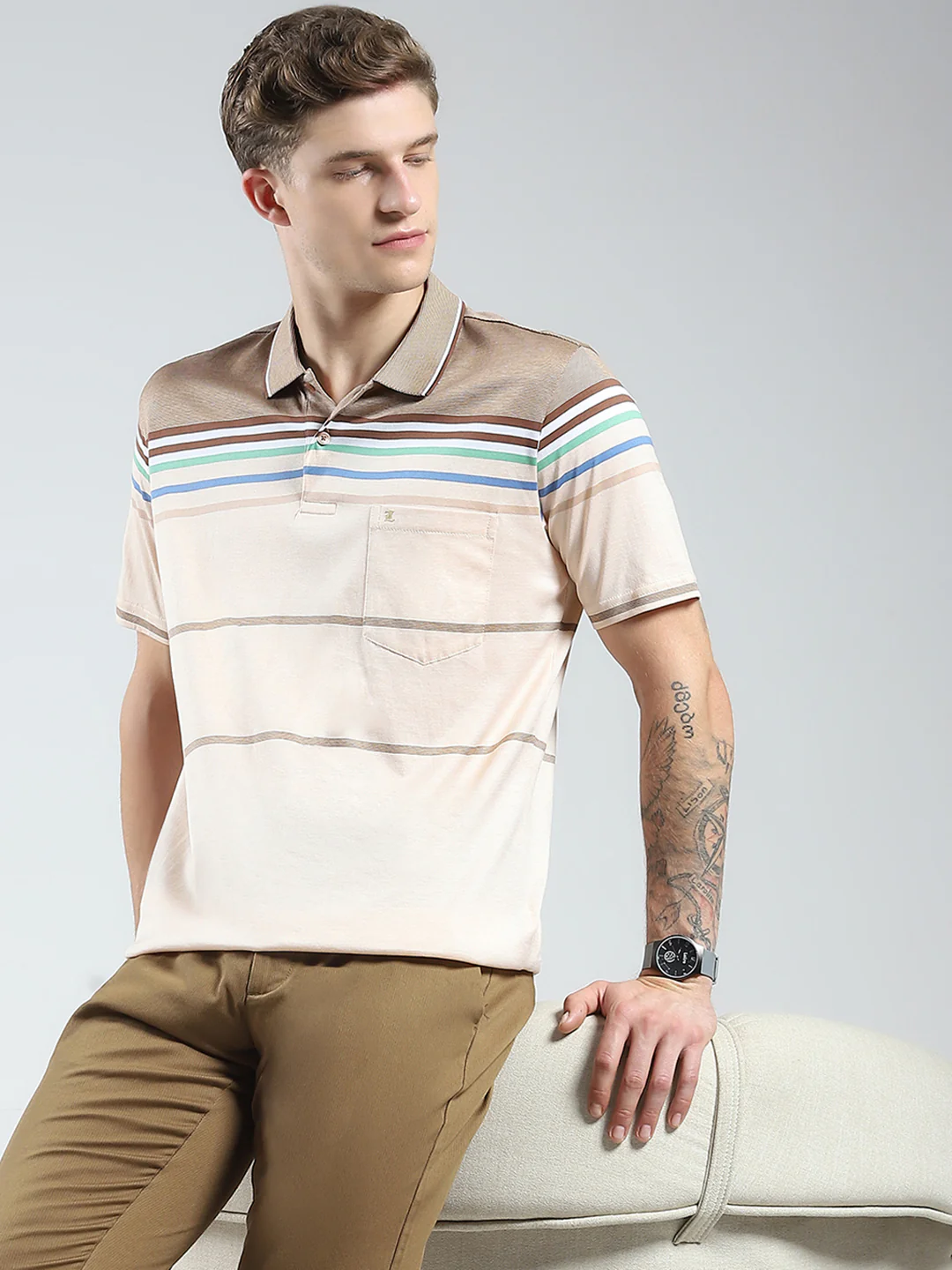 Luxuria Men Brown Stripe Collar Half Sleeve T-Shirt - Image 6