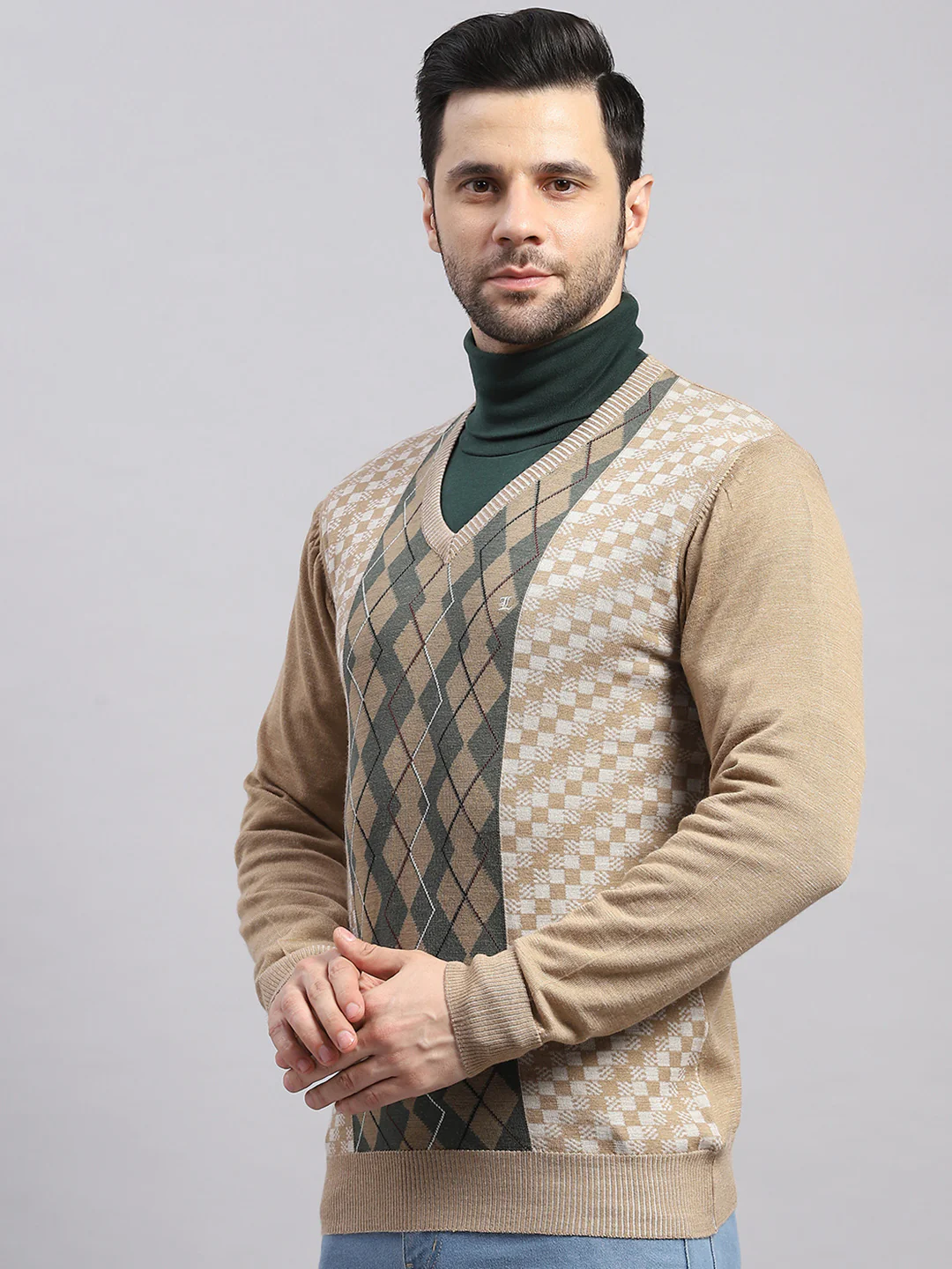 Luxuria Men Camel Brown Printed V Neck Full Sleeve Pullover - Image 3