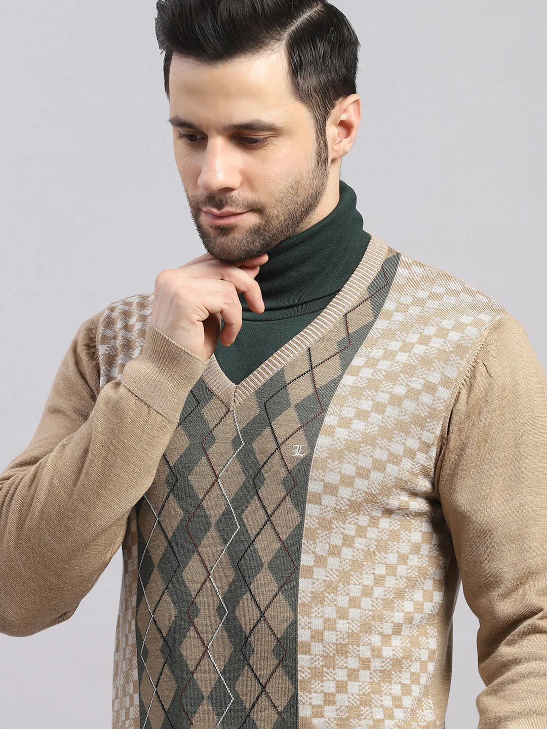 Luxuria Men Camel Brown Printed V Neck Full Sleeve Pullover - Image 7