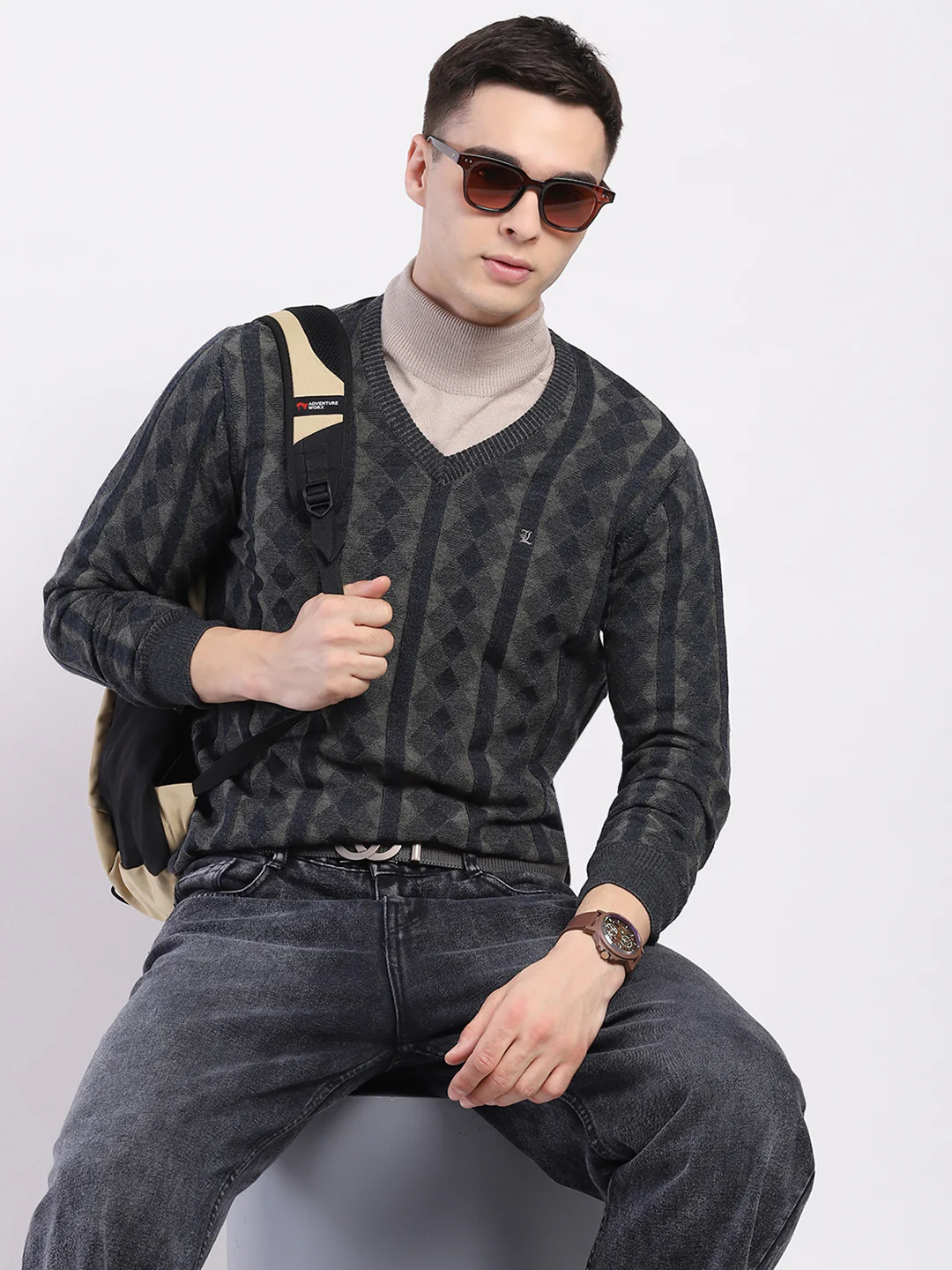 Luxuria Men Charcoal Self Design V Neck Full Sleeve Pullover - Image 6