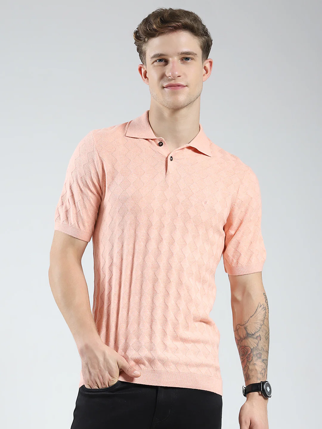 Luxuria Men Coral Self Design Collar Half Sleeve T-Shirt