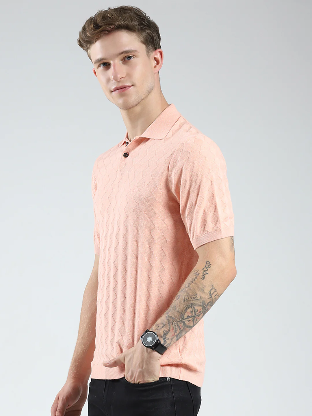 Luxuria Men Coral Self Design Collar Half Sleeve T-Shirt - Image 3