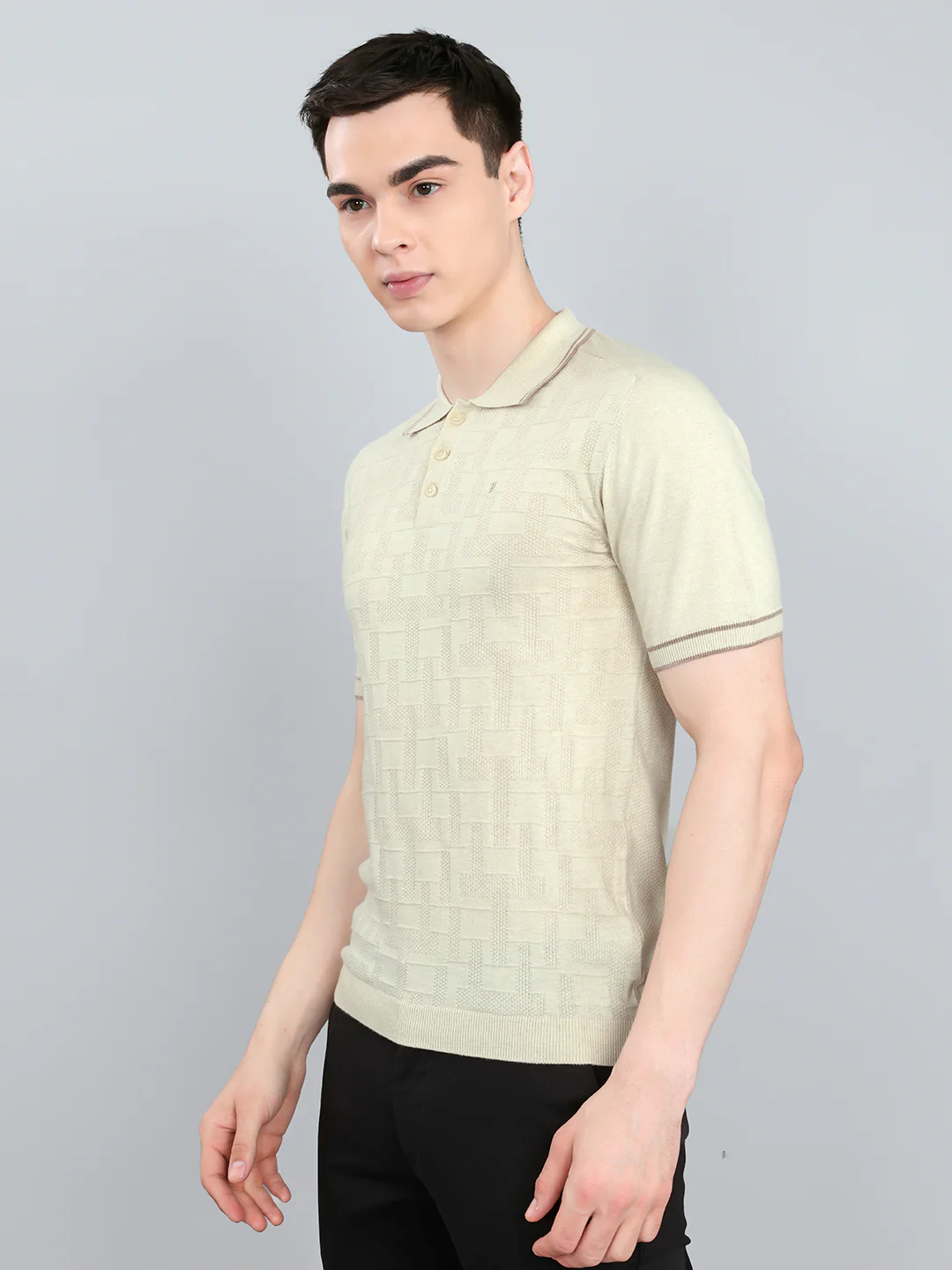 Luxuria Men Cream Self Design Collar Half Sleeve T-Shirt - Image 2