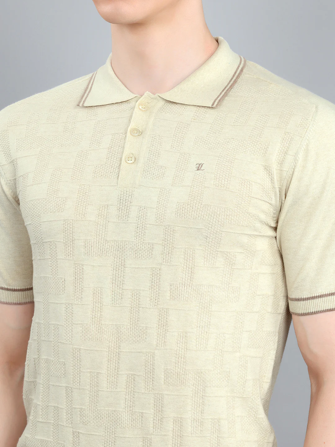 Luxuria Men Cream Self Design Collar Half Sleeve T-Shirt - Image 5