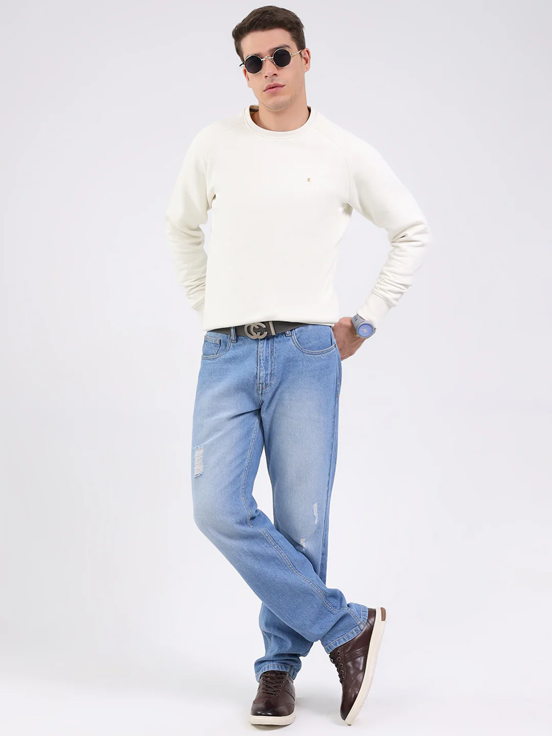Luxuria Men Cream Solid Round Neck Full Sleeve Sweatshirt - Image 2