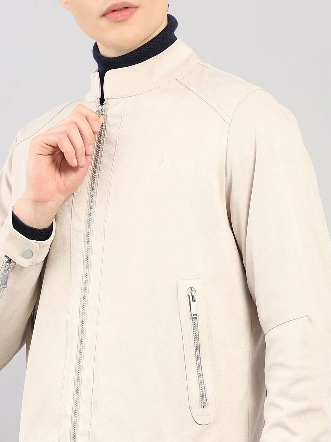 Luxuria Men Cream Solid Stand Collar Full Sleeve Jacket - Image 7