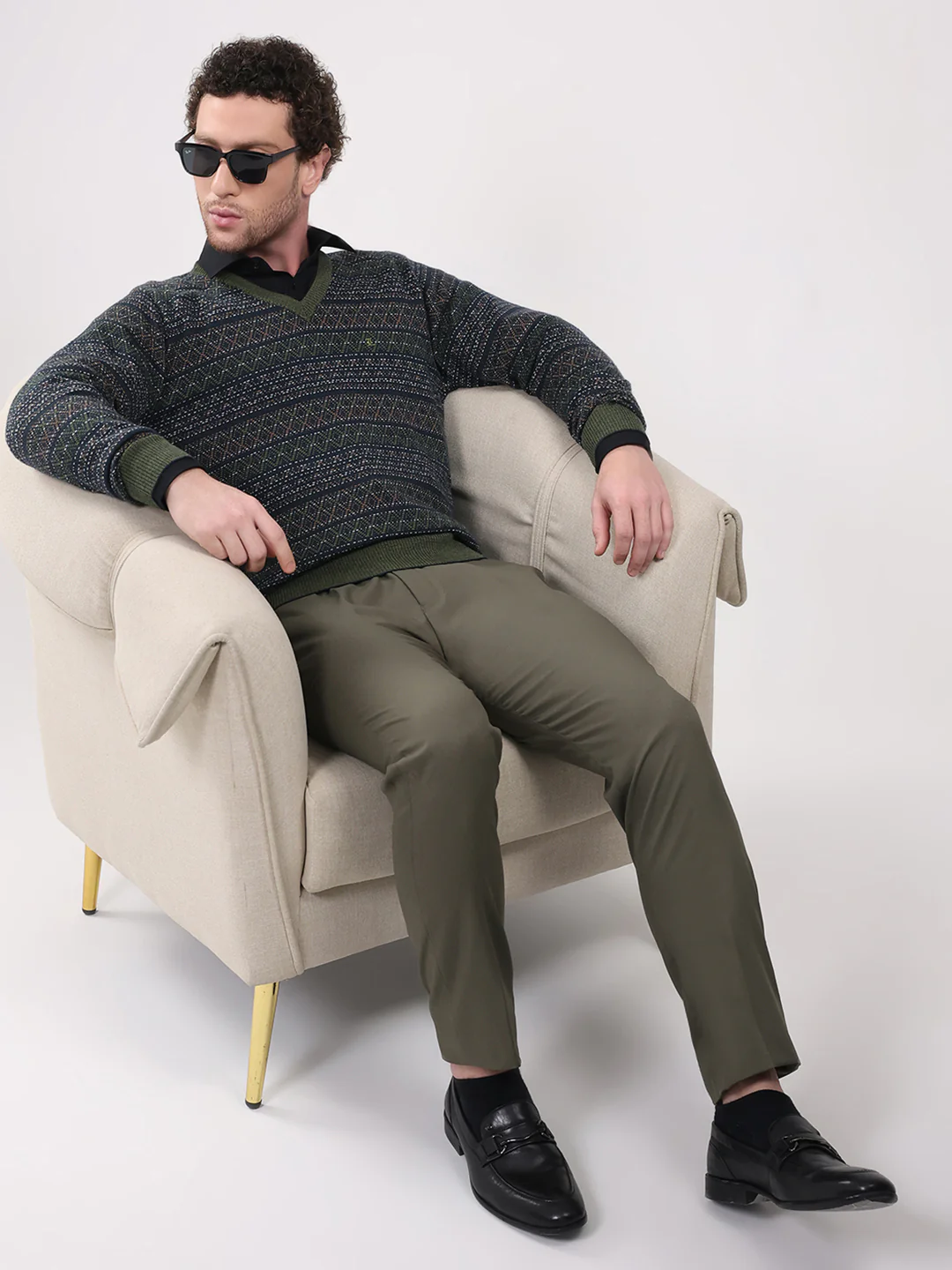 Luxuria Men Green Printed V Neck Full Sleeve Pullover - Image 2